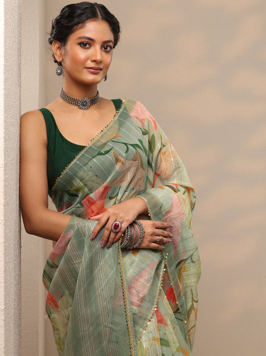 Green Printed Nylon Saree With Unstitched Blouse Piece
