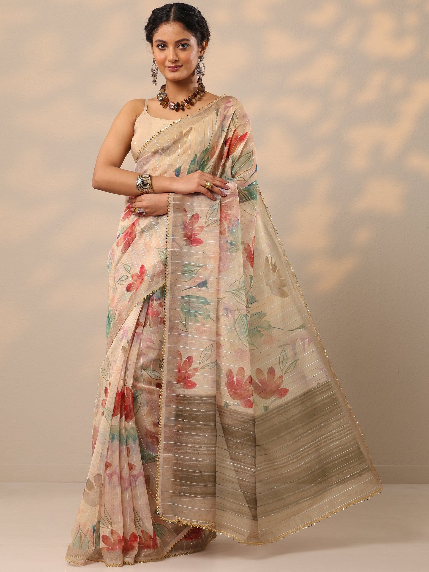 Peach Printed Nylon Saree With Unstitched Blouse Piece