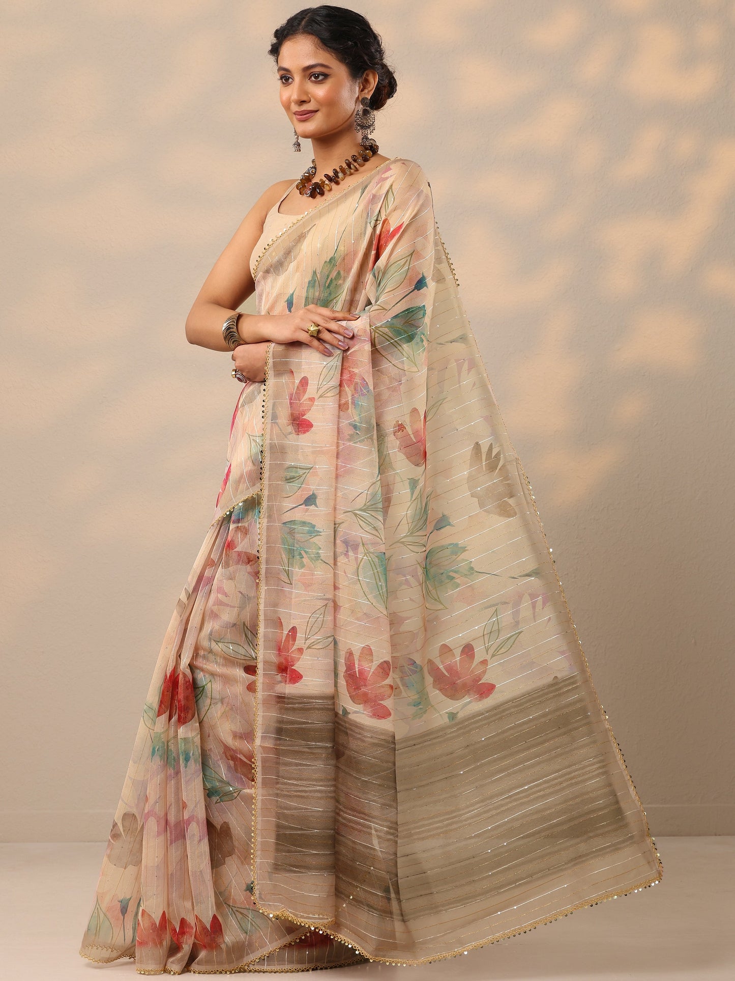 Peach Printed Nylon Saree With Unstitched Blouse Piece