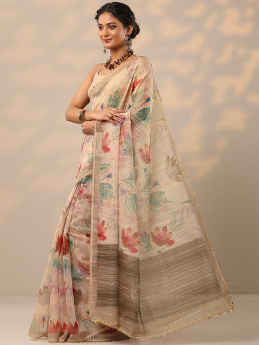 Peach Printed Nylon Saree With Unstitched Blouse Piece