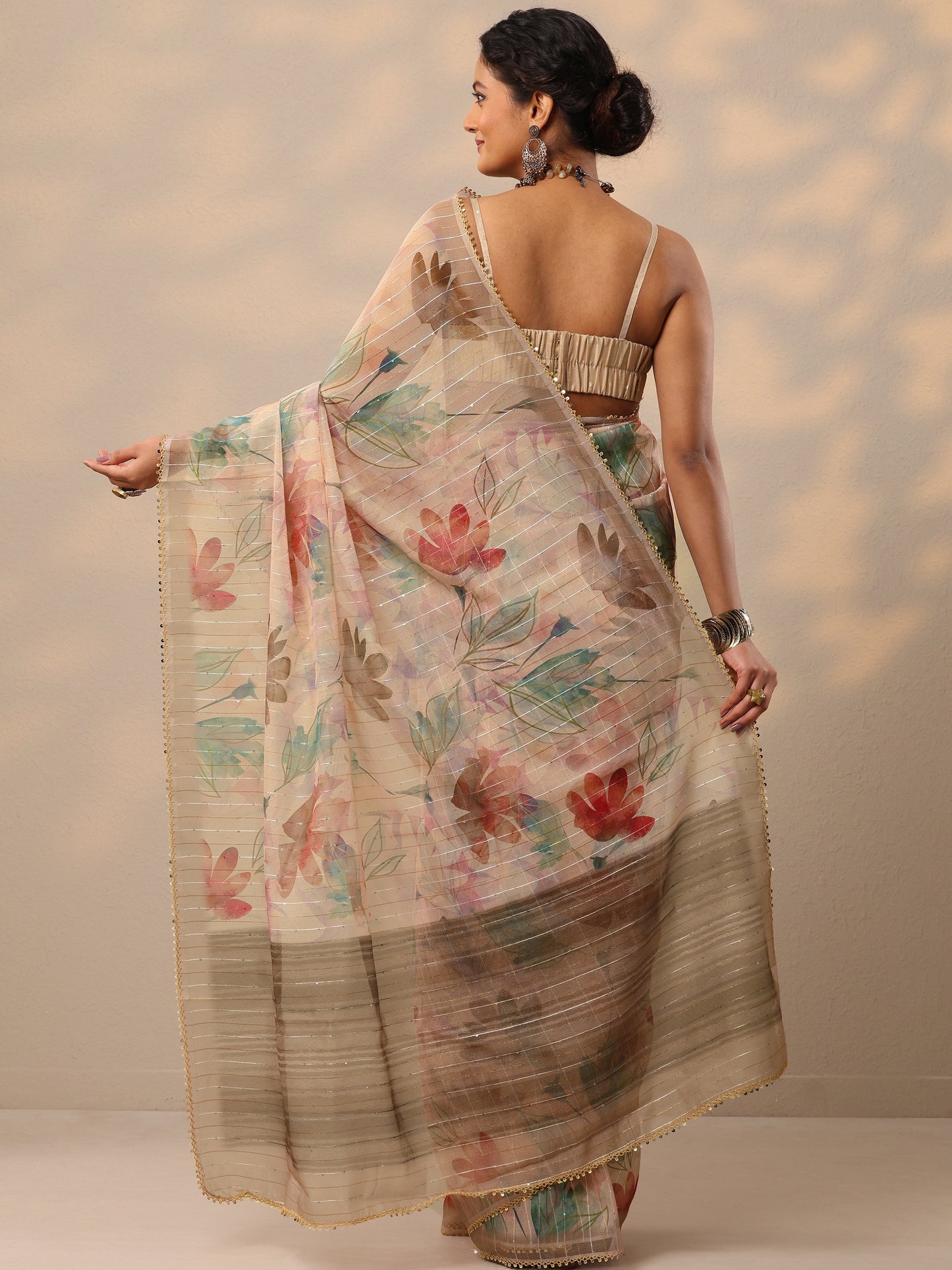 Peach Printed Nylon Saree With Unstitched Blouse Piece