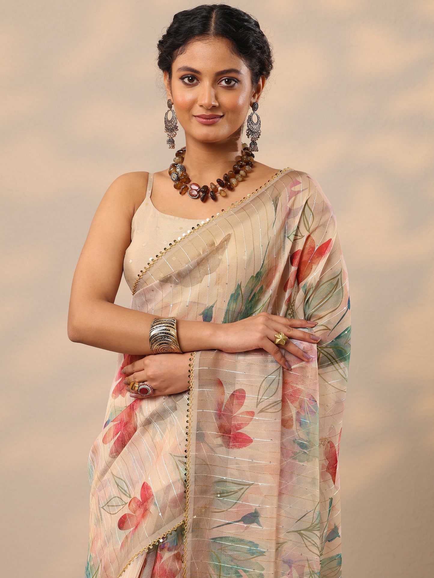 Peach Printed Nylon Saree With Unstitched Blouse Piece