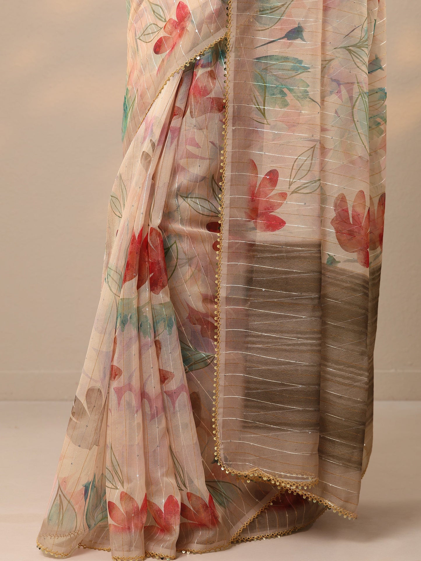 Peach Printed Nylon Saree With Unstitched Blouse Piece