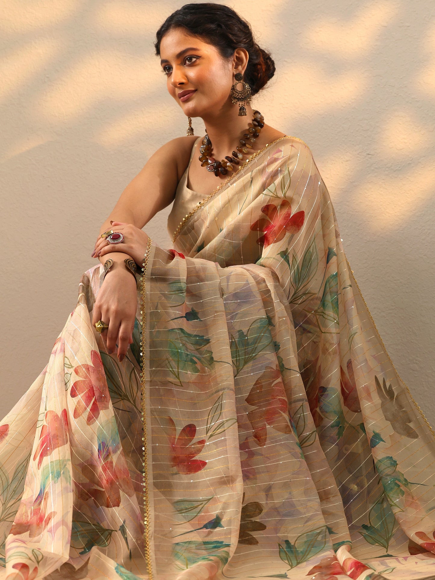 Peach Printed Nylon Saree With Unstitched Blouse Piece