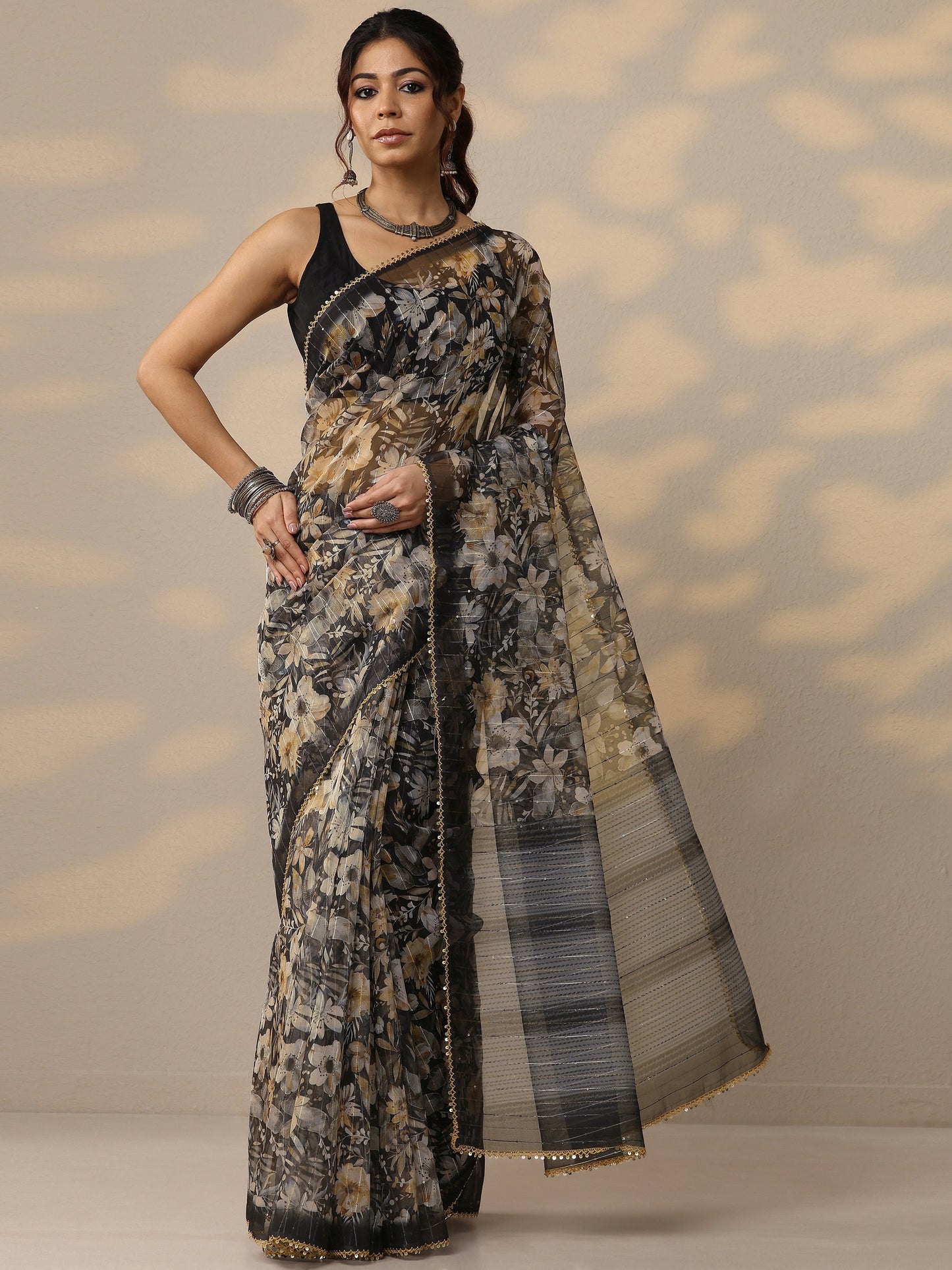 Black Embellished Nylon Sarees With Unstitched Blouse Piece