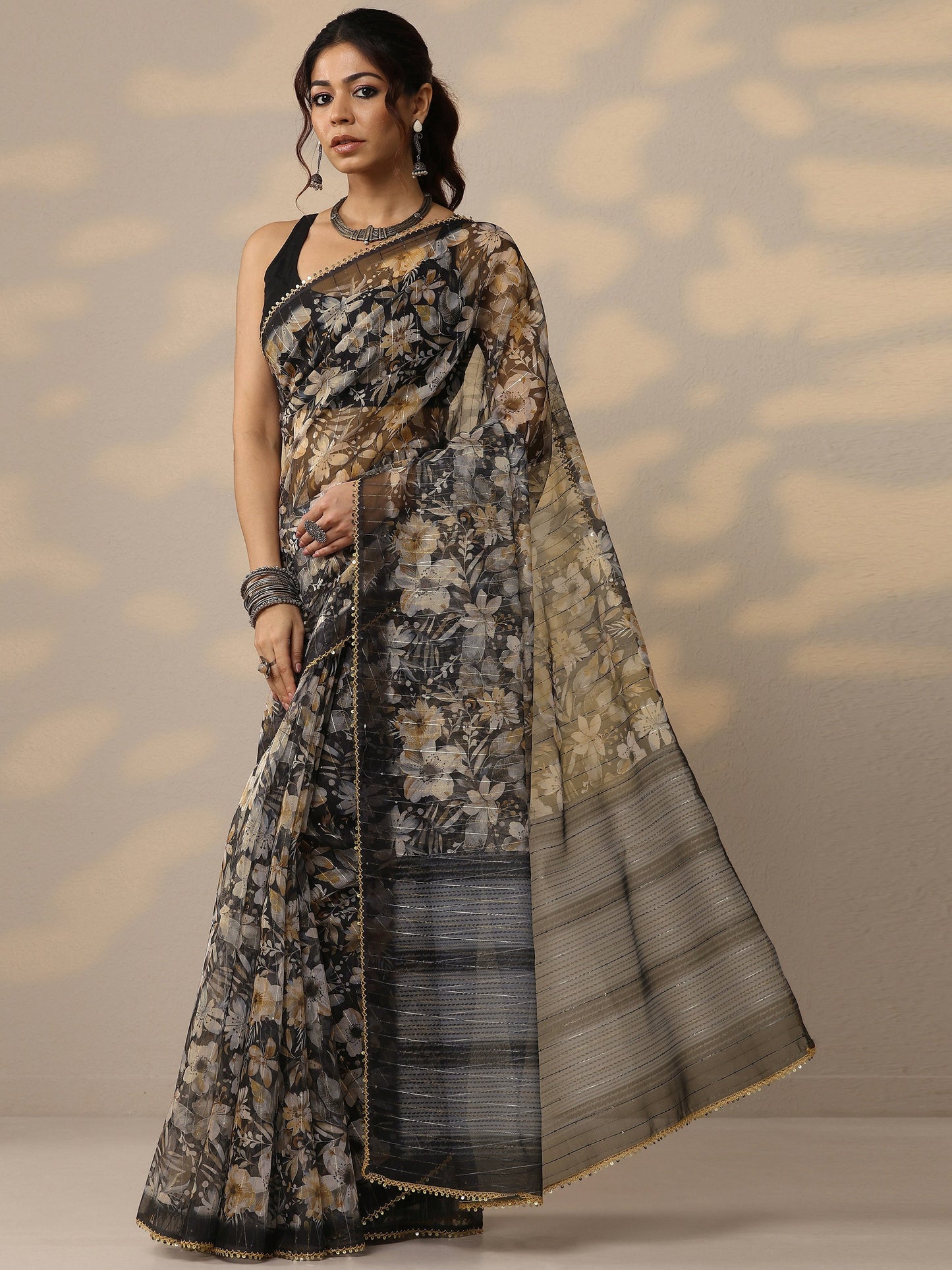 Black Embellished Nylon Sarees With Unstitched Blouse Piece