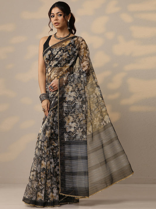 Black Embellished Nylon Sarees With Unstitched Blouse Piece