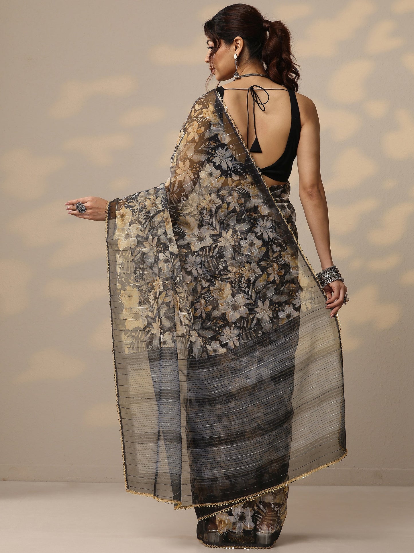 Black Embellished Nylon Sarees With Unstitched Blouse Piece