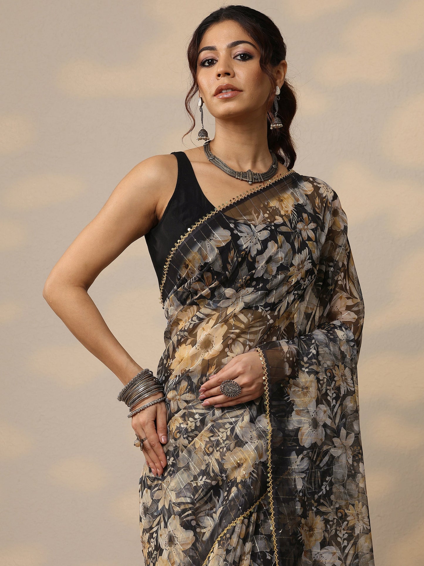 Black Embellished Nylon Sarees With Unstitched Blouse Piece