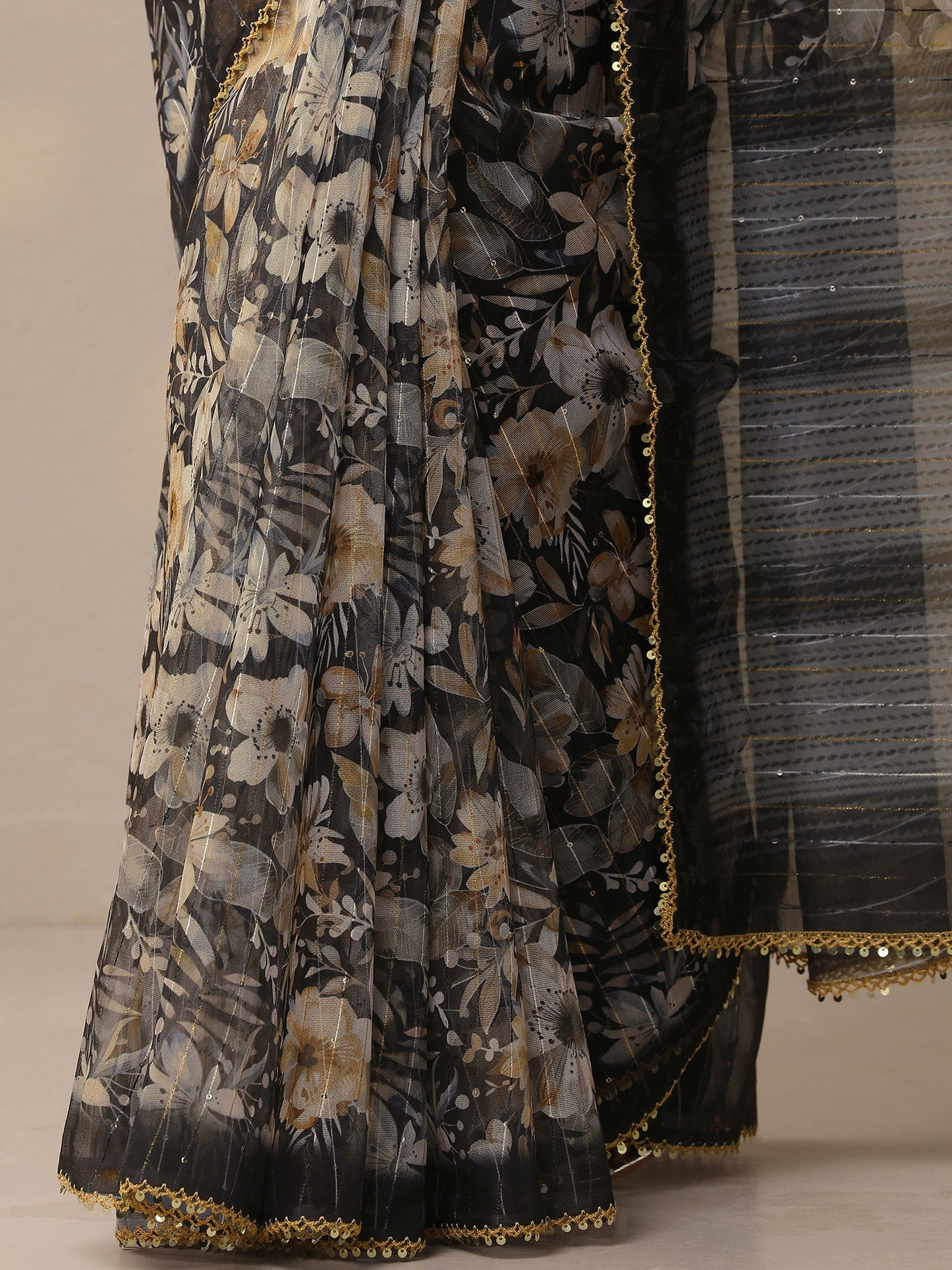 Black Embellished Nylon Sarees With Unstitched Blouse Piece