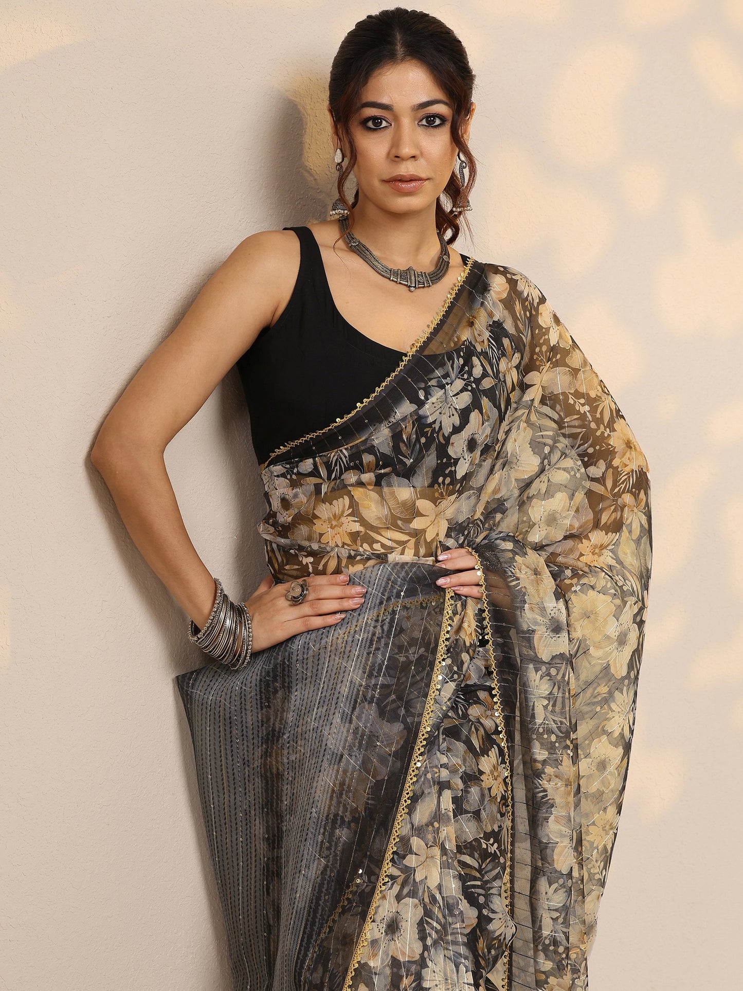 Black Embellished Nylon Sarees With Unstitched Blouse Piece