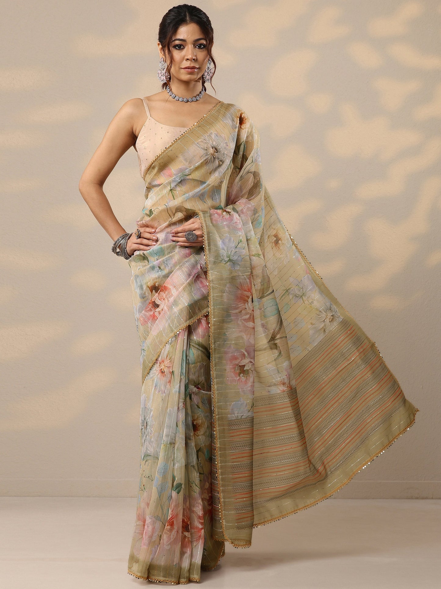 Yellow Embellished Nylon Sarees With Unstitched Blouse Piece