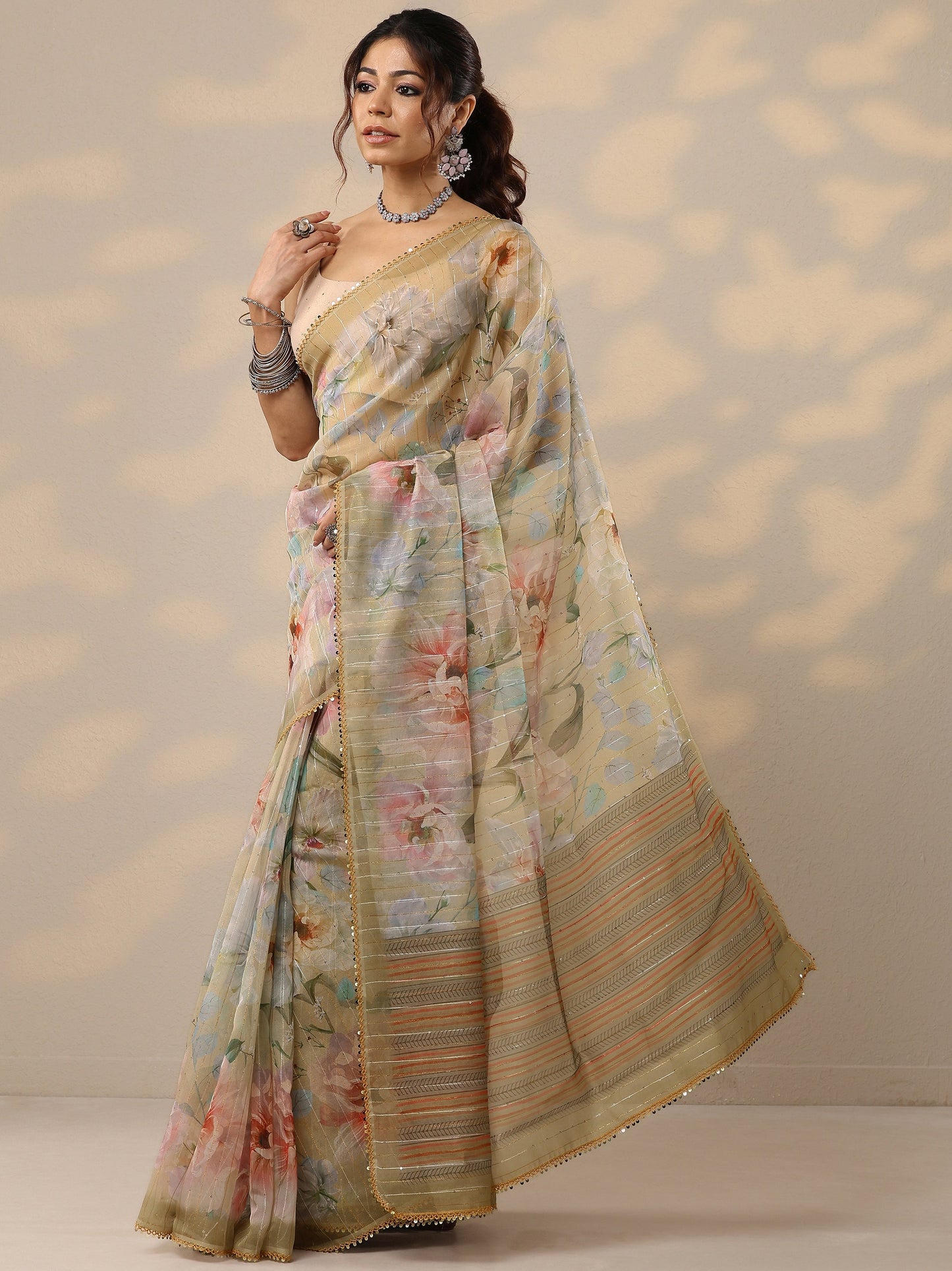 Yellow Embellished Nylon Sarees With Unstitched Blouse Piece