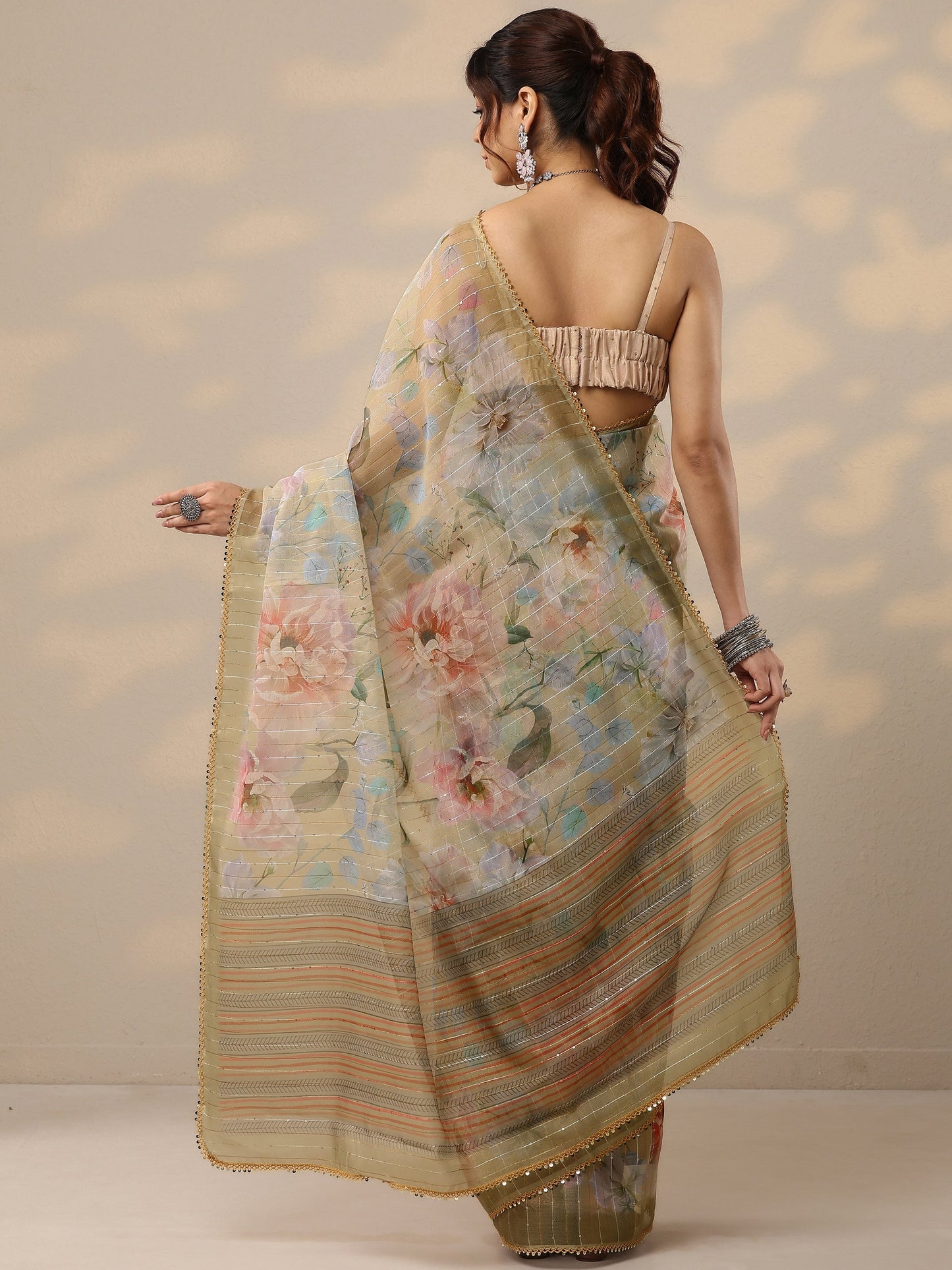 Yellow Embellished Nylon Sarees With Unstitched Blouse Piece