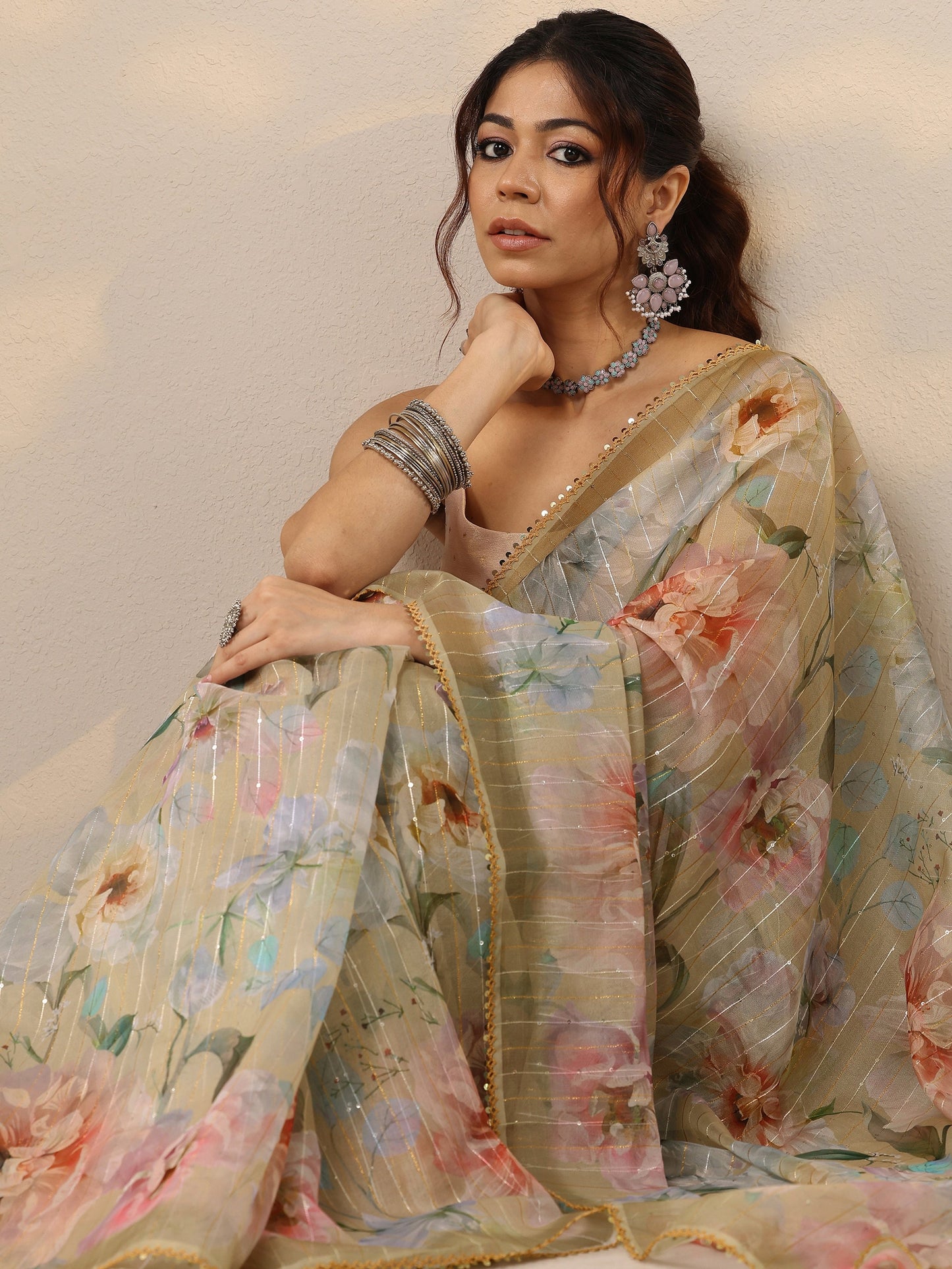 Yellow Embellished Nylon Sarees With Unstitched Blouse Piece