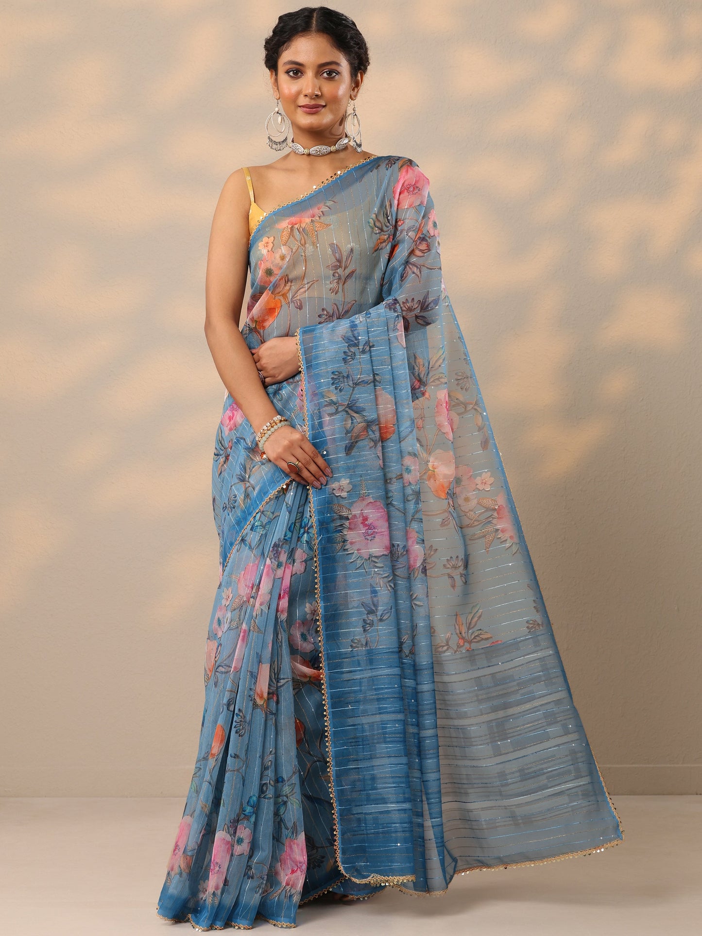 Blue Printed Nylon Saree With Unstitched Blouse Piece