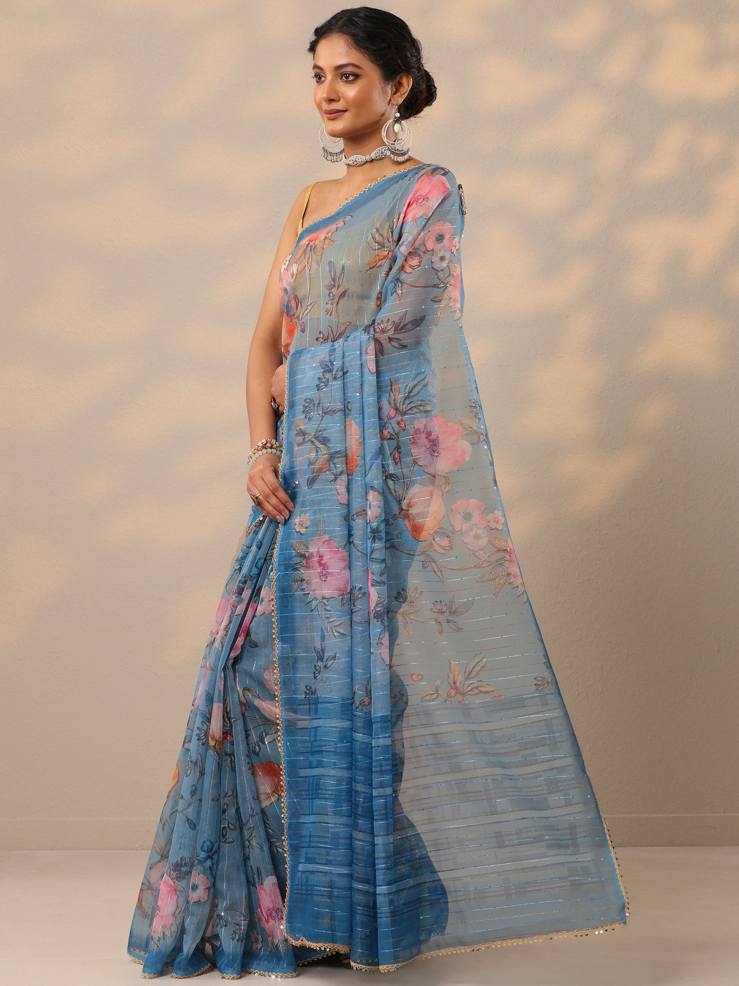 Blue Printed Nylon Saree With Unstitched Blouse Piece