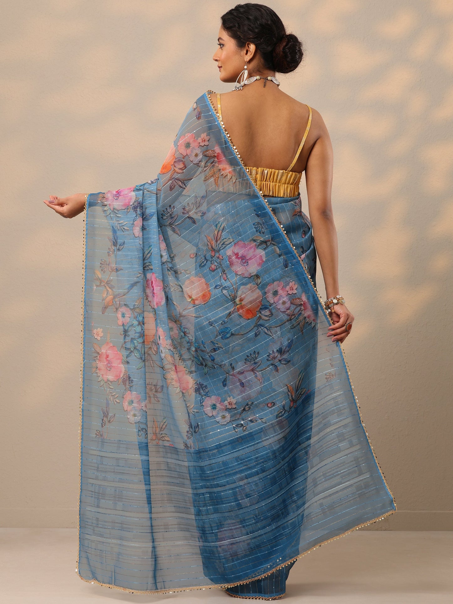 Blue Printed Nylon Saree With Unstitched Blouse Piece