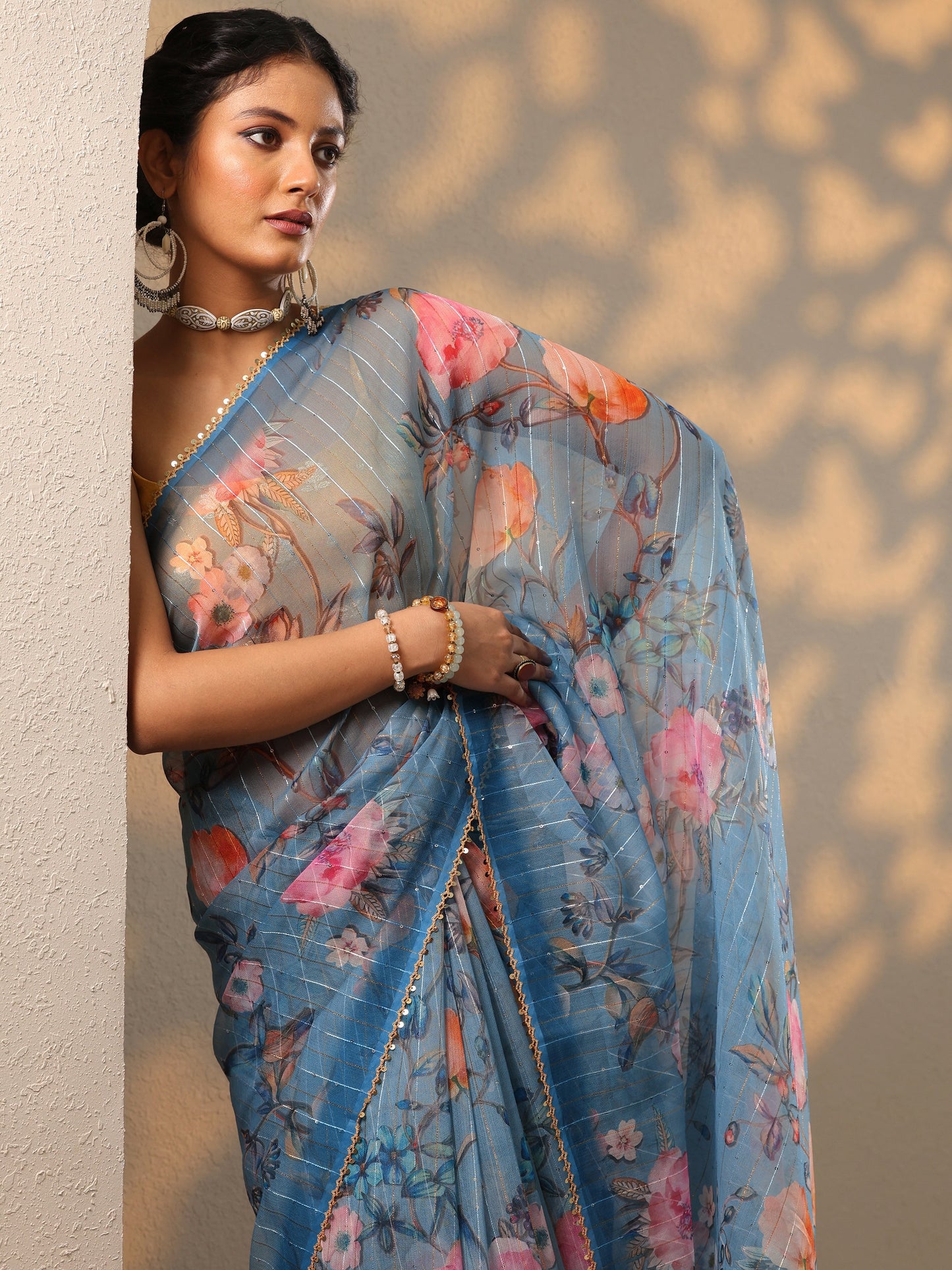 Blue Printed Nylon Saree With Unstitched Blouse Piece