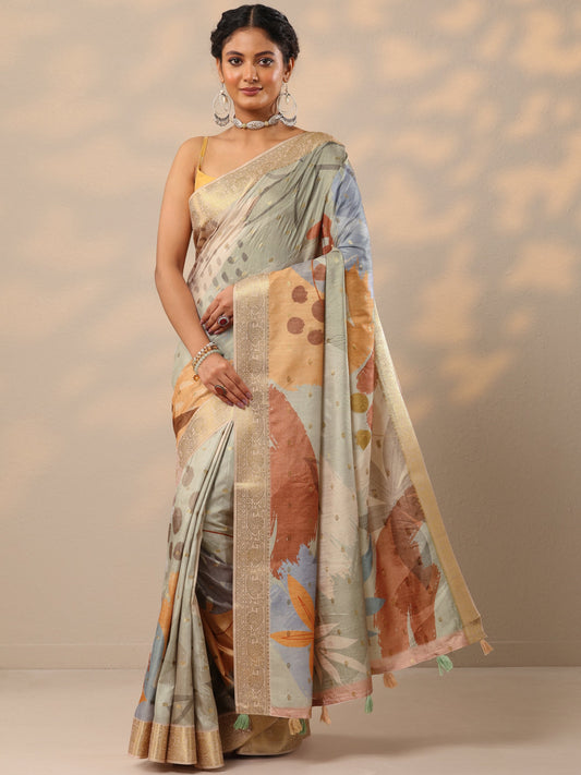 Green Printed Silk blend Saree With Unstitched Blouse Piece