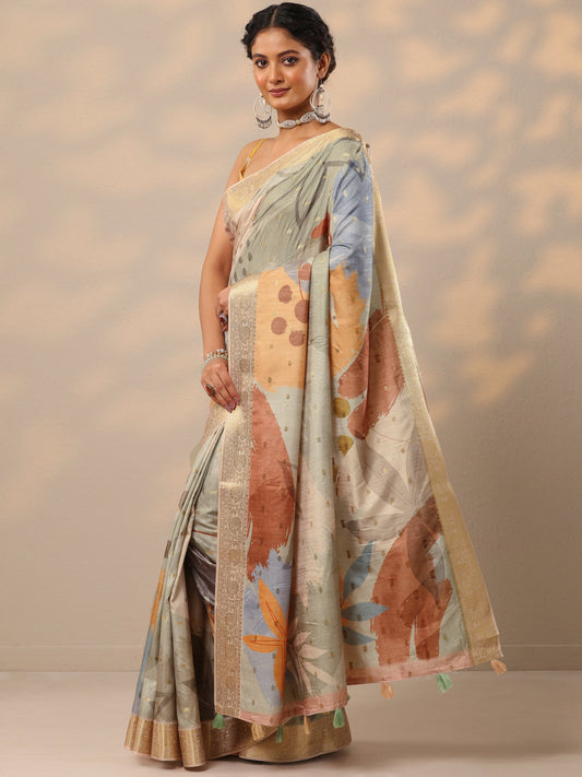 Green Printed Silk blend Saree With Unstitched Blouse Piece