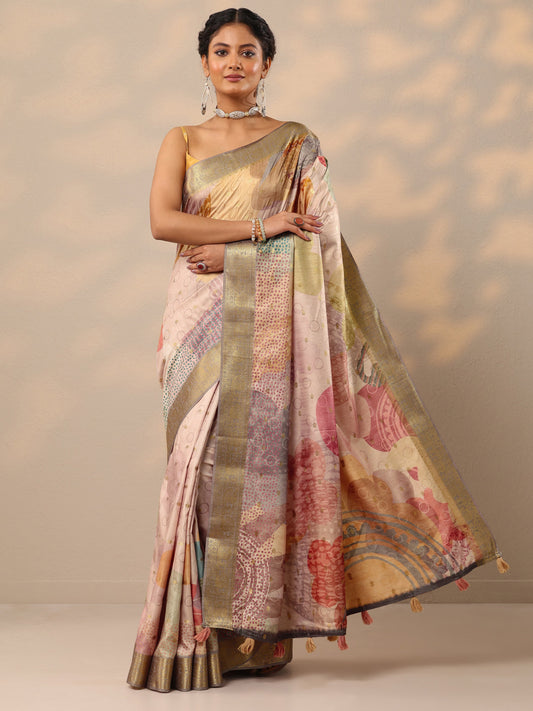 Beige Printed Silk blend Saree With Unstitched Blouse Piece