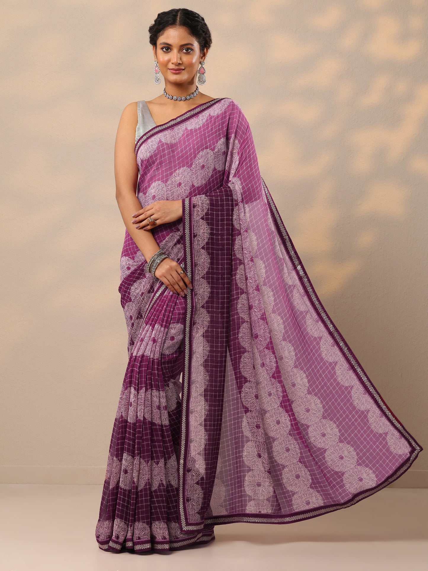 Purple Printed Georgette Saree With Unstitched Blouse Piece