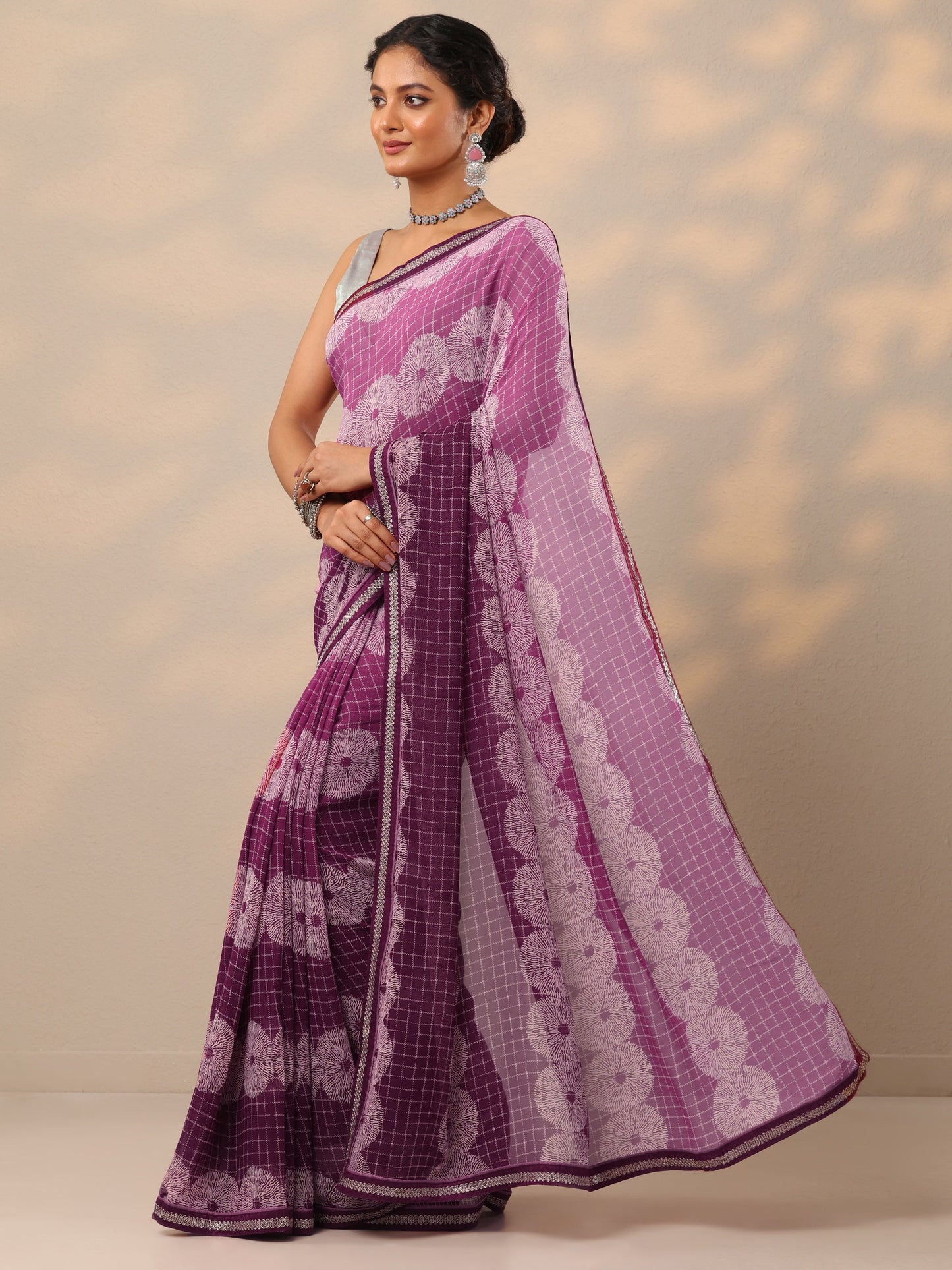 Purple Printed Georgette Saree With Unstitched Blouse Piece
