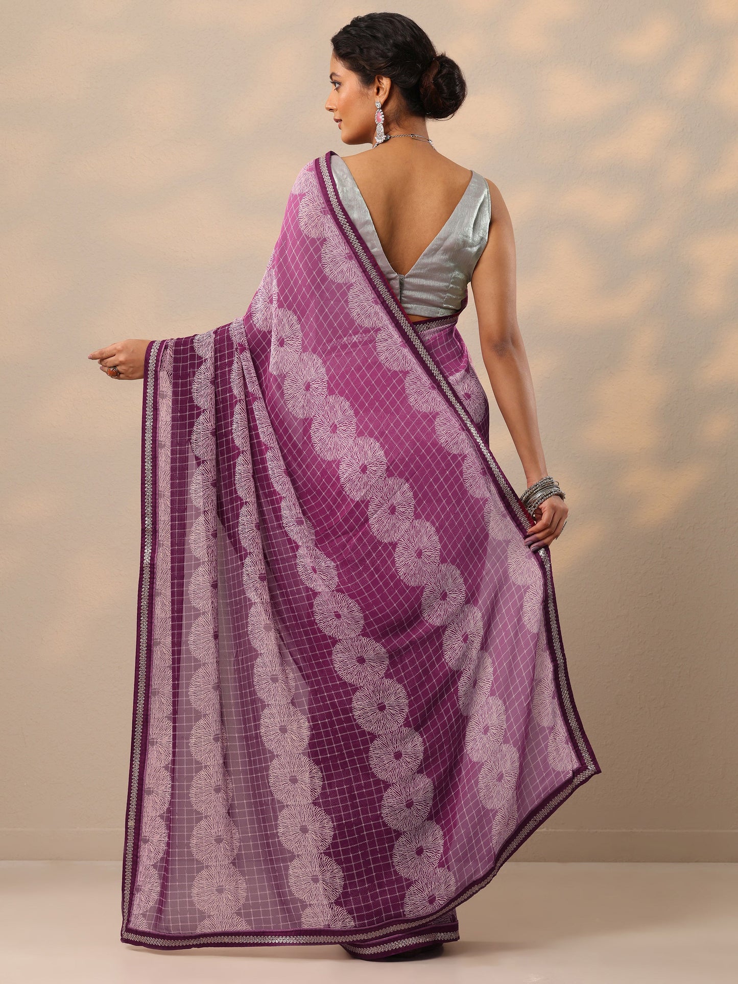 Purple Printed Georgette Saree With Unstitched Blouse Piece