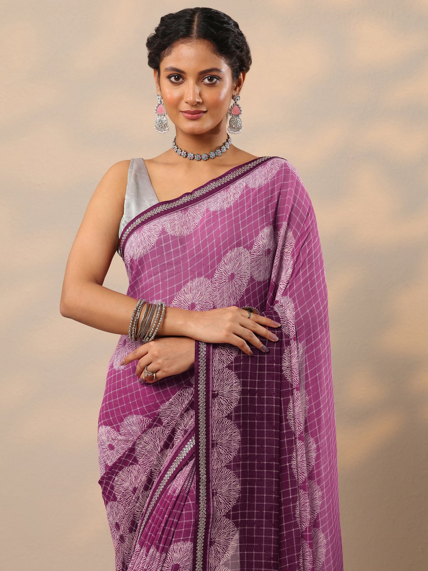 Purple Printed Georgette Saree With Unstitched Blouse Piece