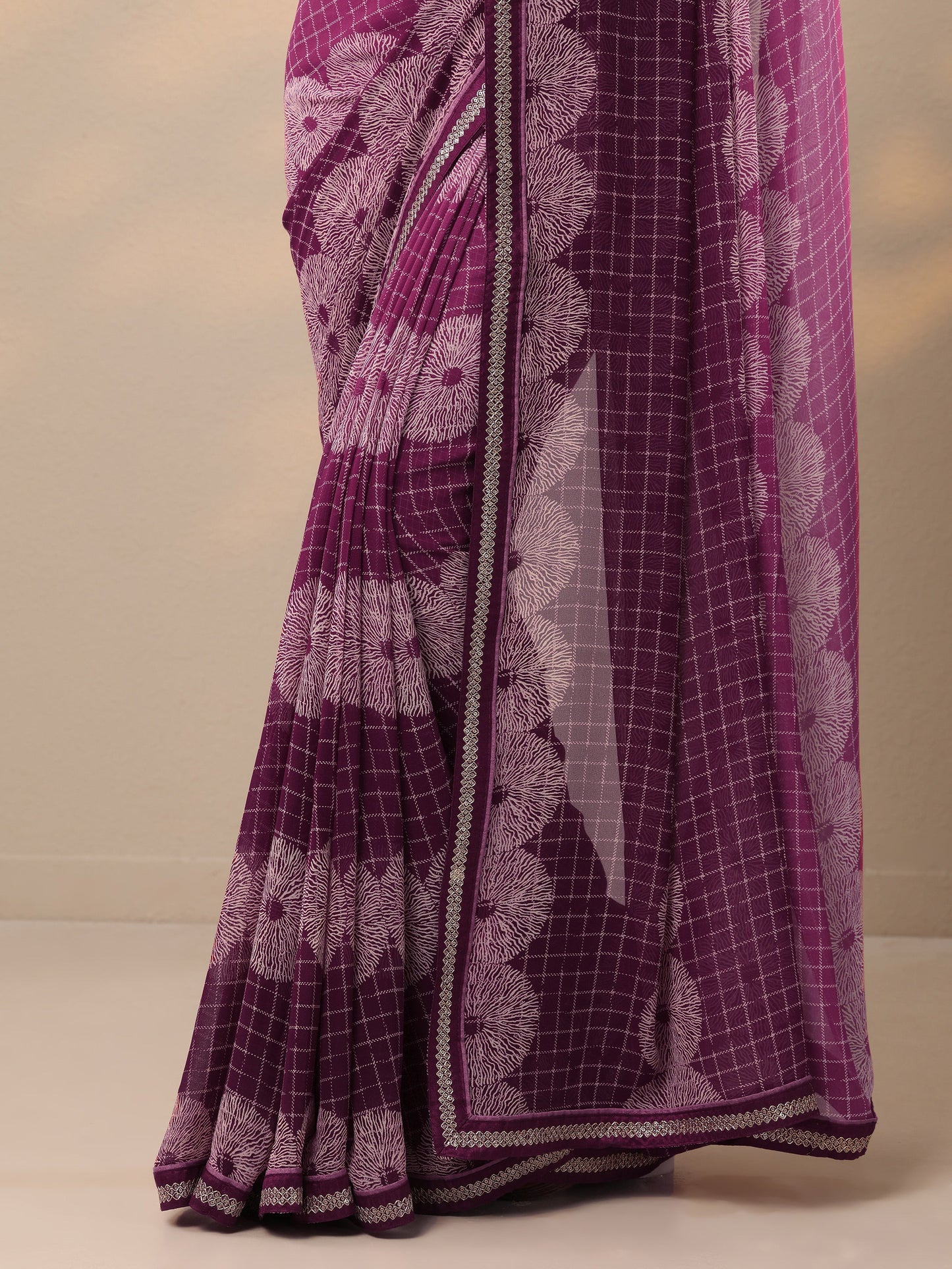 Purple Printed Georgette Saree With Unstitched Blouse Piece