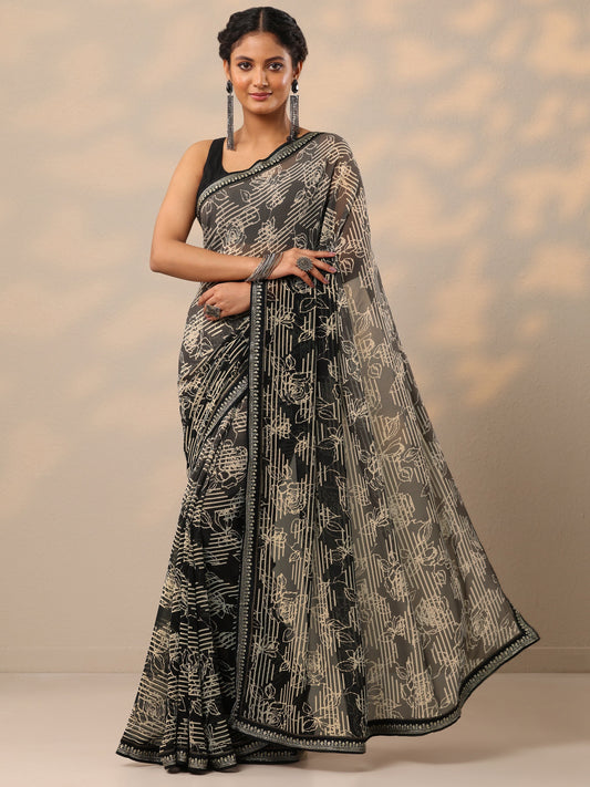 Black Printed Georgette Saree With Unstitched Blouse Piece