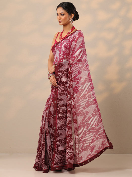 Maroon Printed Georgette Saree With Unstitched Blouse Piece