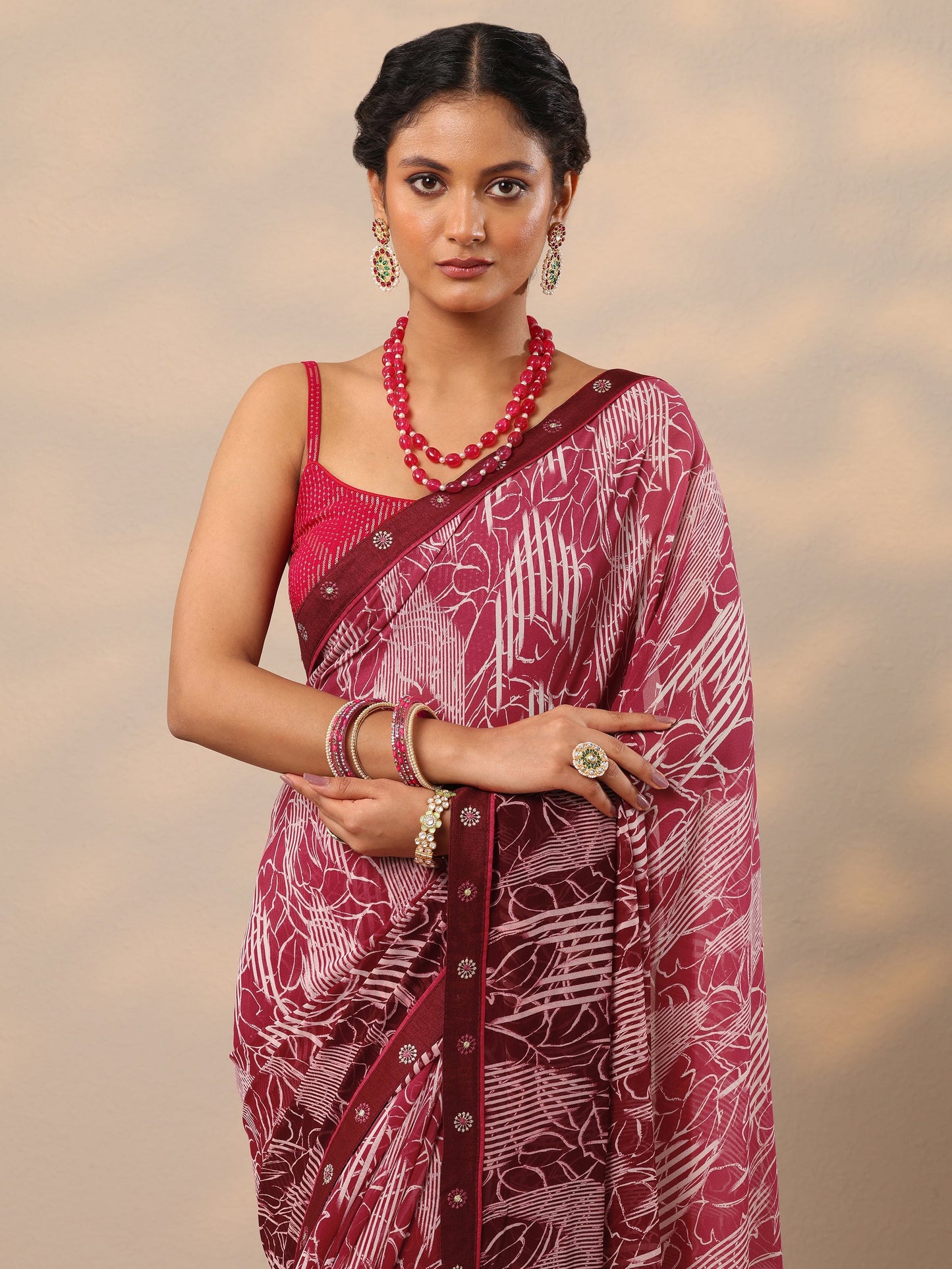 Maroon Printed Georgette Saree With Unstitched Blouse Piece