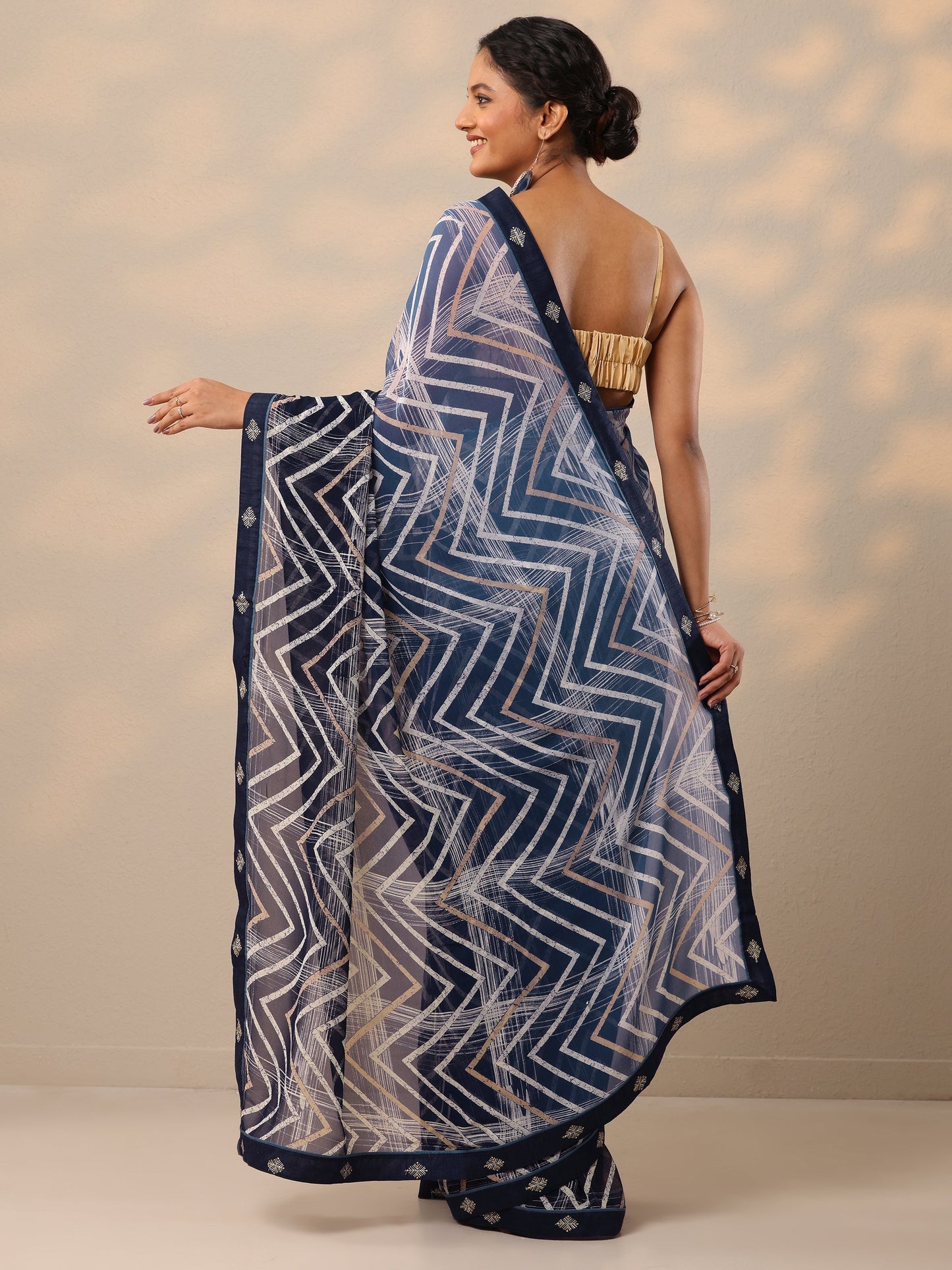 Blue Printed Georgette Saree With Unstitched Blouse Piece