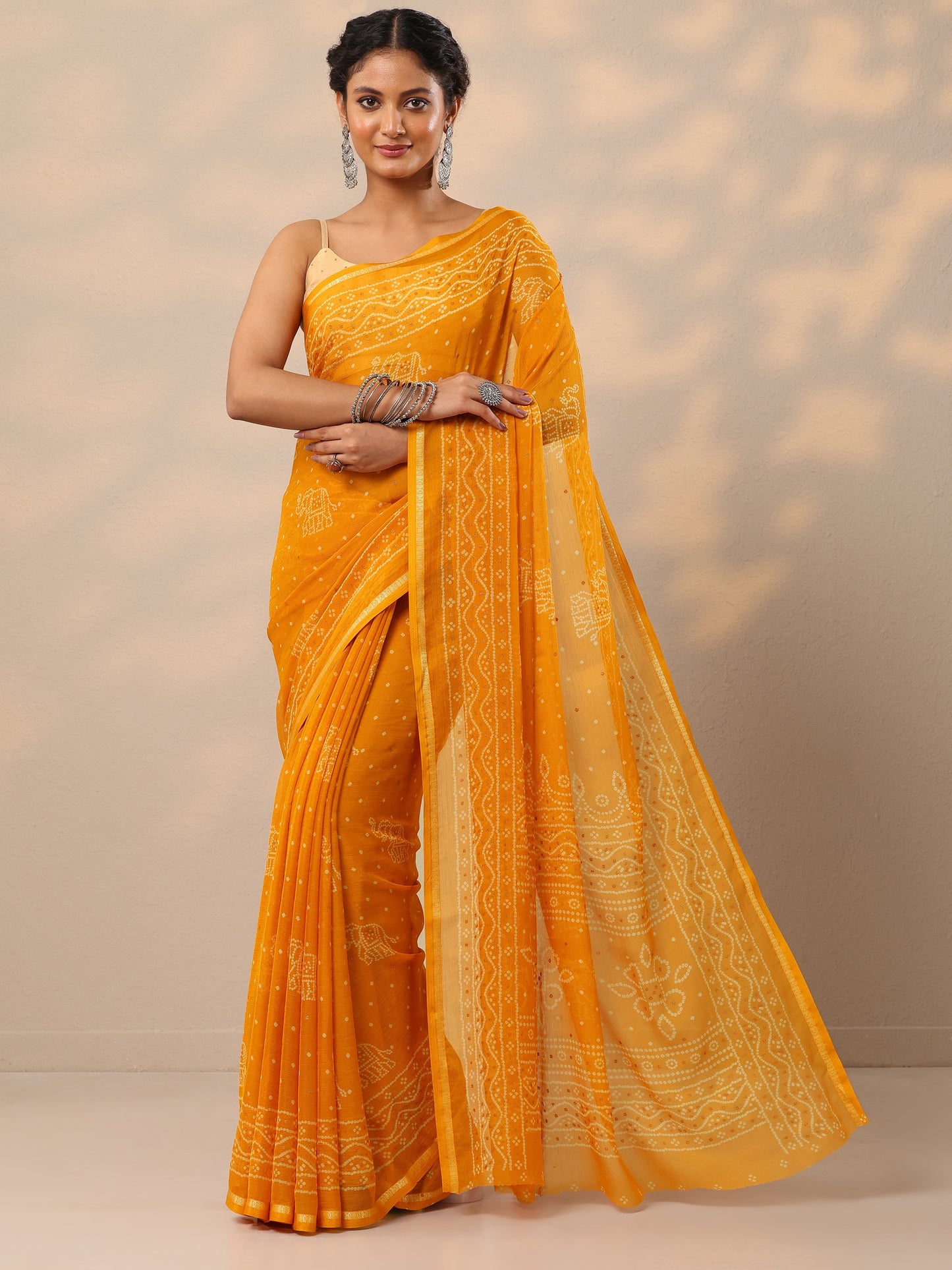 Mustard Bandhani Printed Chiffon Saree With Unstitched Blouse Piece