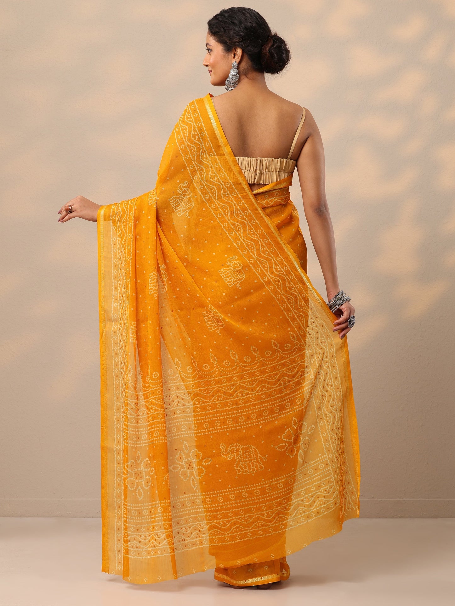 Mustard Bandhani Printed Chiffon Saree With Unstitched Blouse Piece