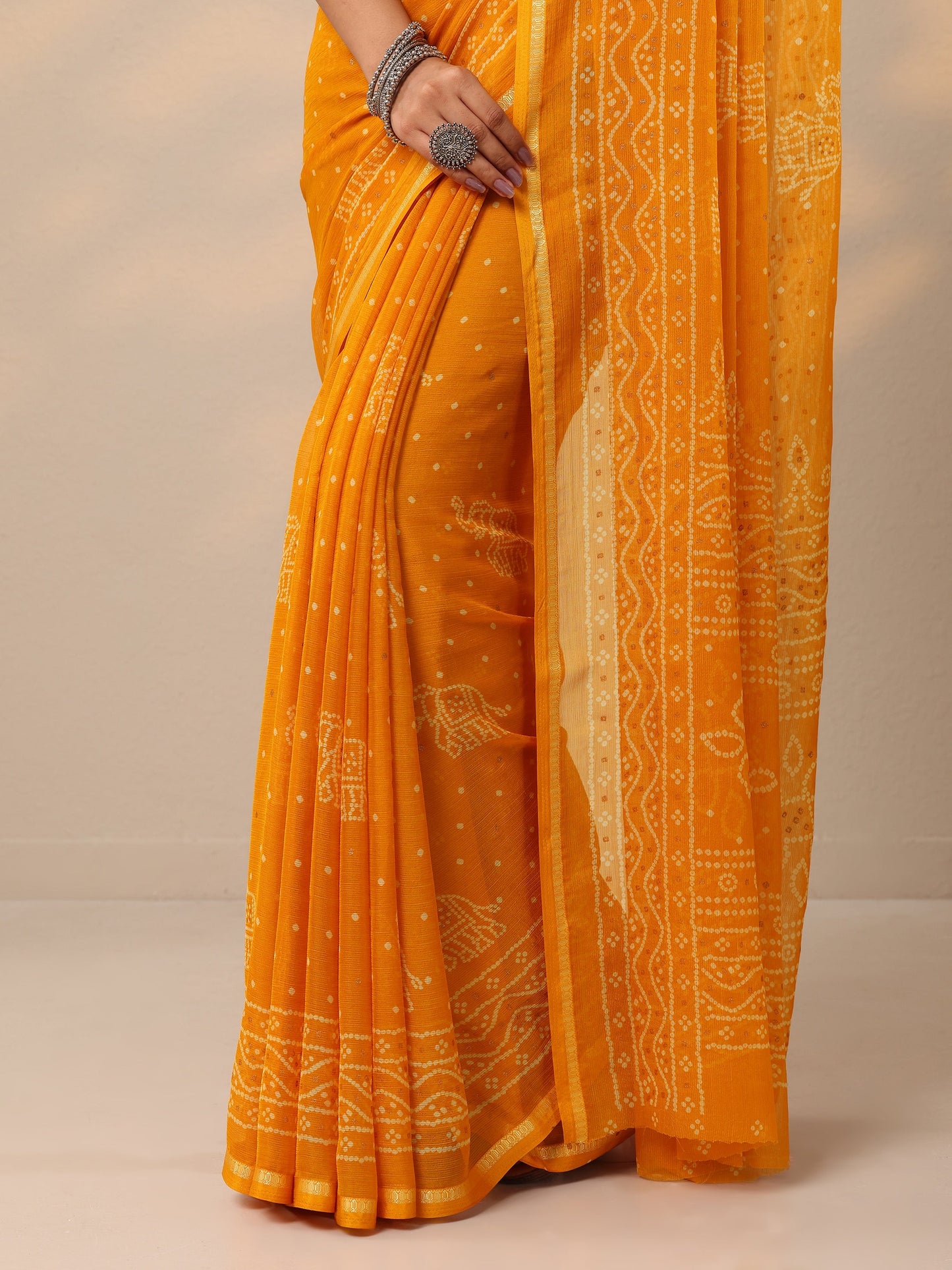Mustard Bandhani Printed Chiffon Saree With Unstitched Blouse Piece