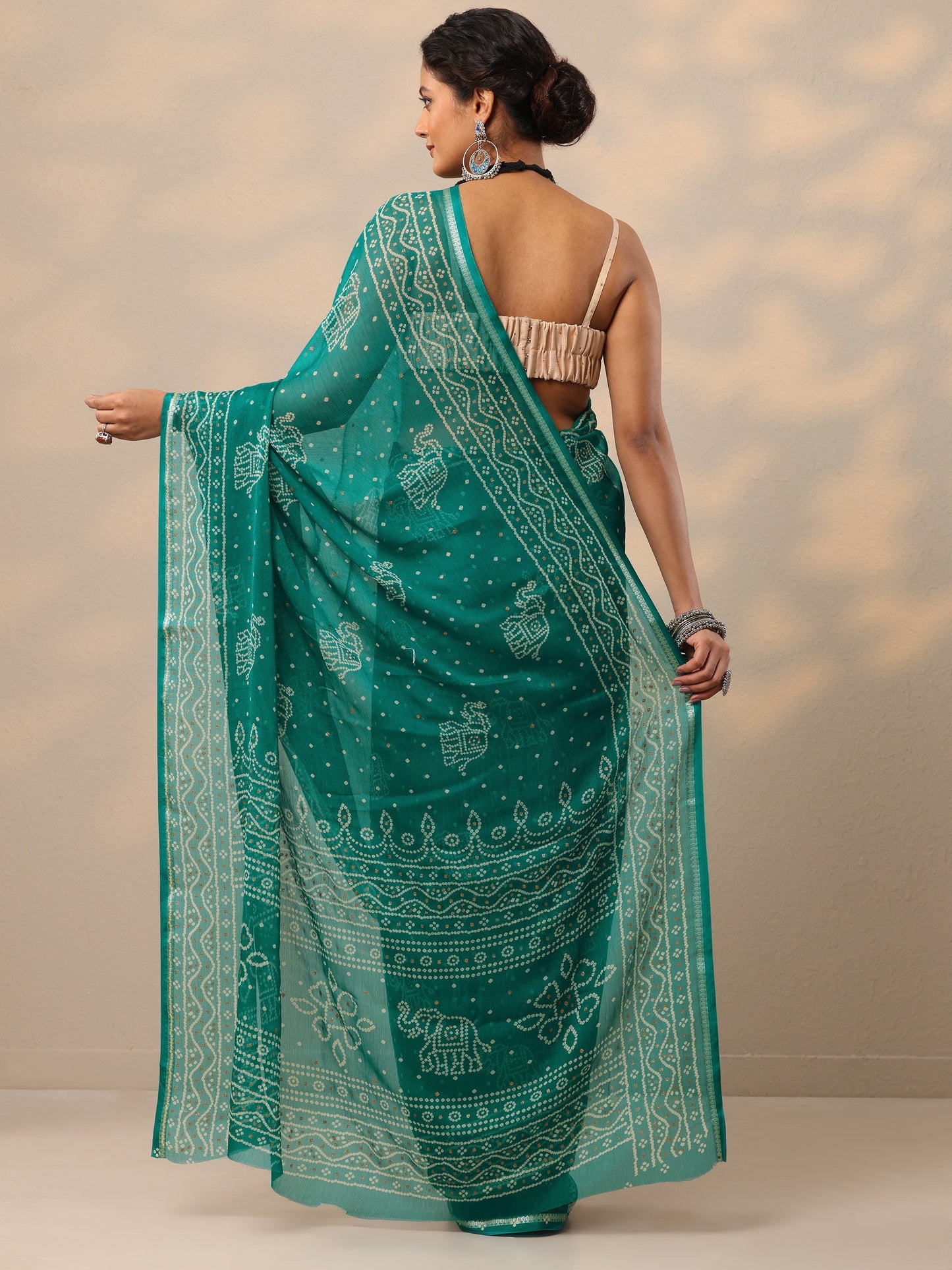 Teal Bandhani Printed Chiffon Saree With Unstitched Blouse Piece