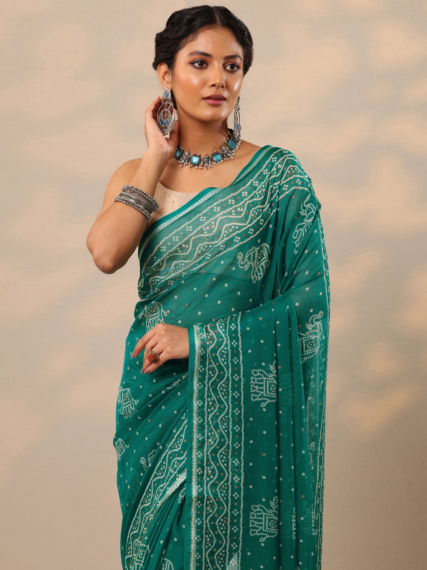 Teal Bandhani Printed Chiffon Saree With Unstitched Blouse Piece