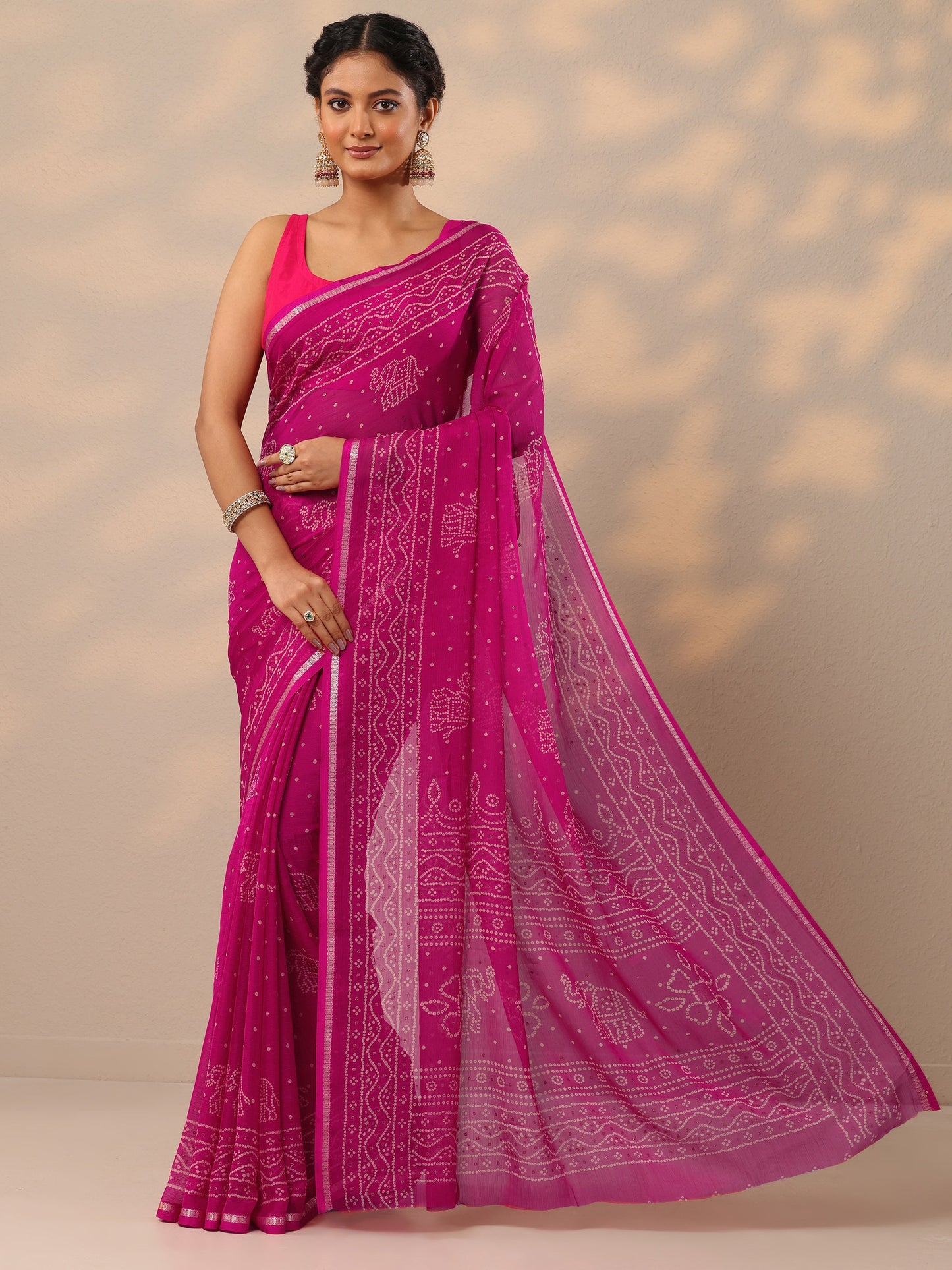 Pink Bandhani Printed Chiffon Saree With Unstitched Blouse Piece