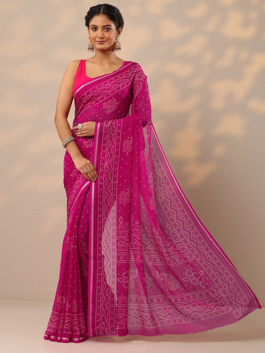 Pink Bandhani Printed Chiffon Saree With Unstitched Blouse Piece