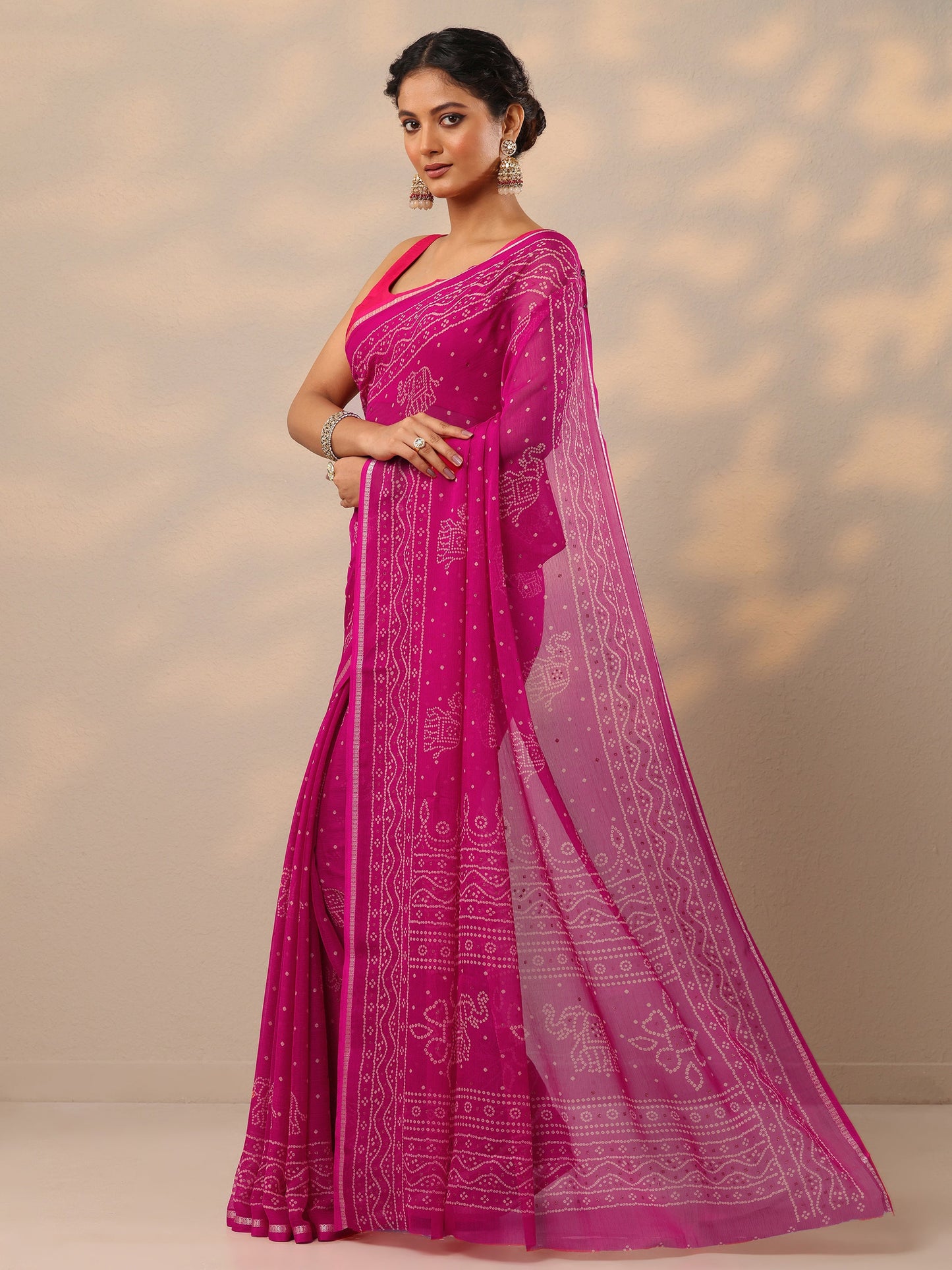 Pink Bandhani Printed Chiffon Saree With Unstitched Blouse Piece