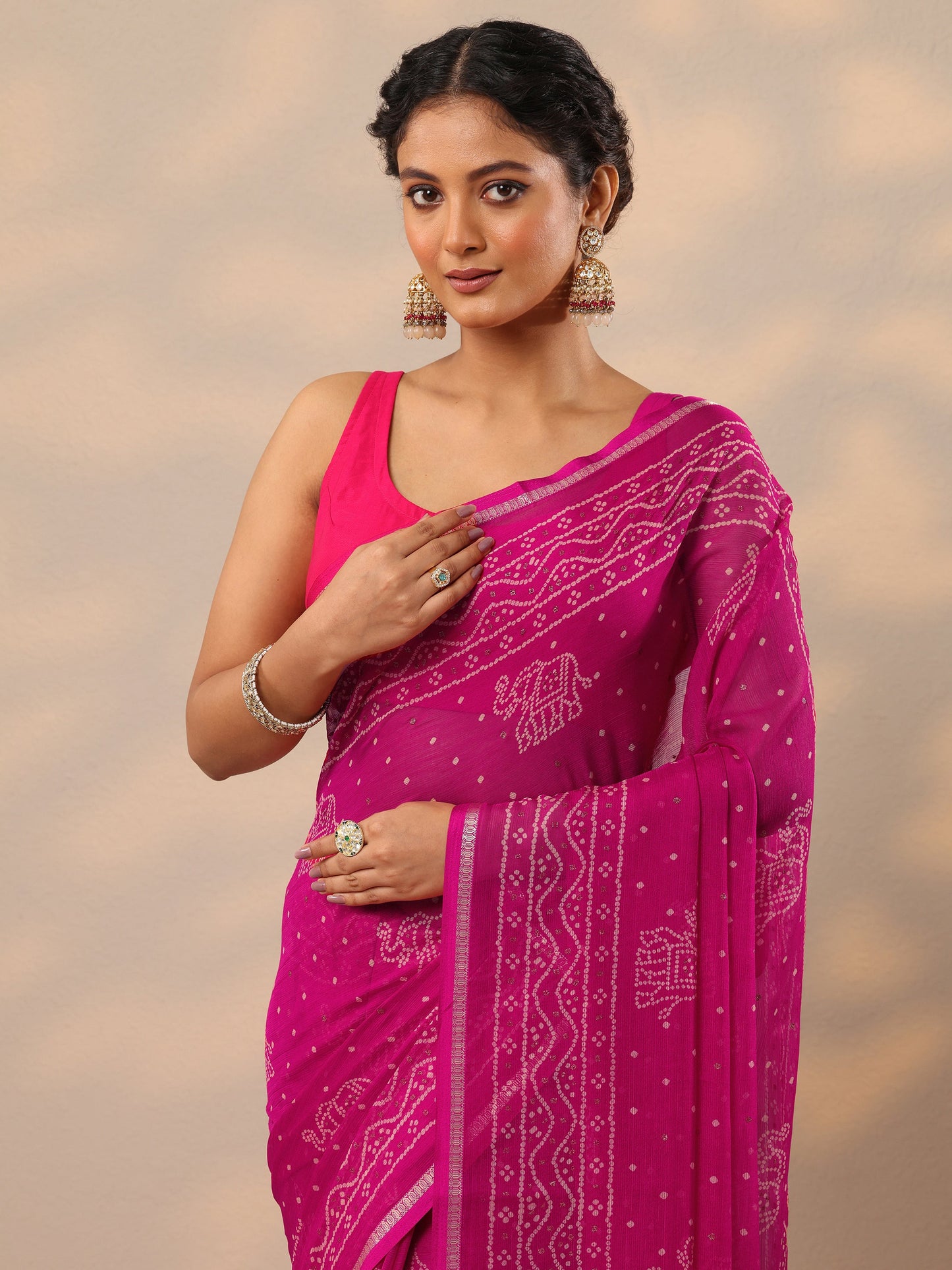 Pink Bandhani Printed Chiffon Saree With Unstitched Blouse Piece