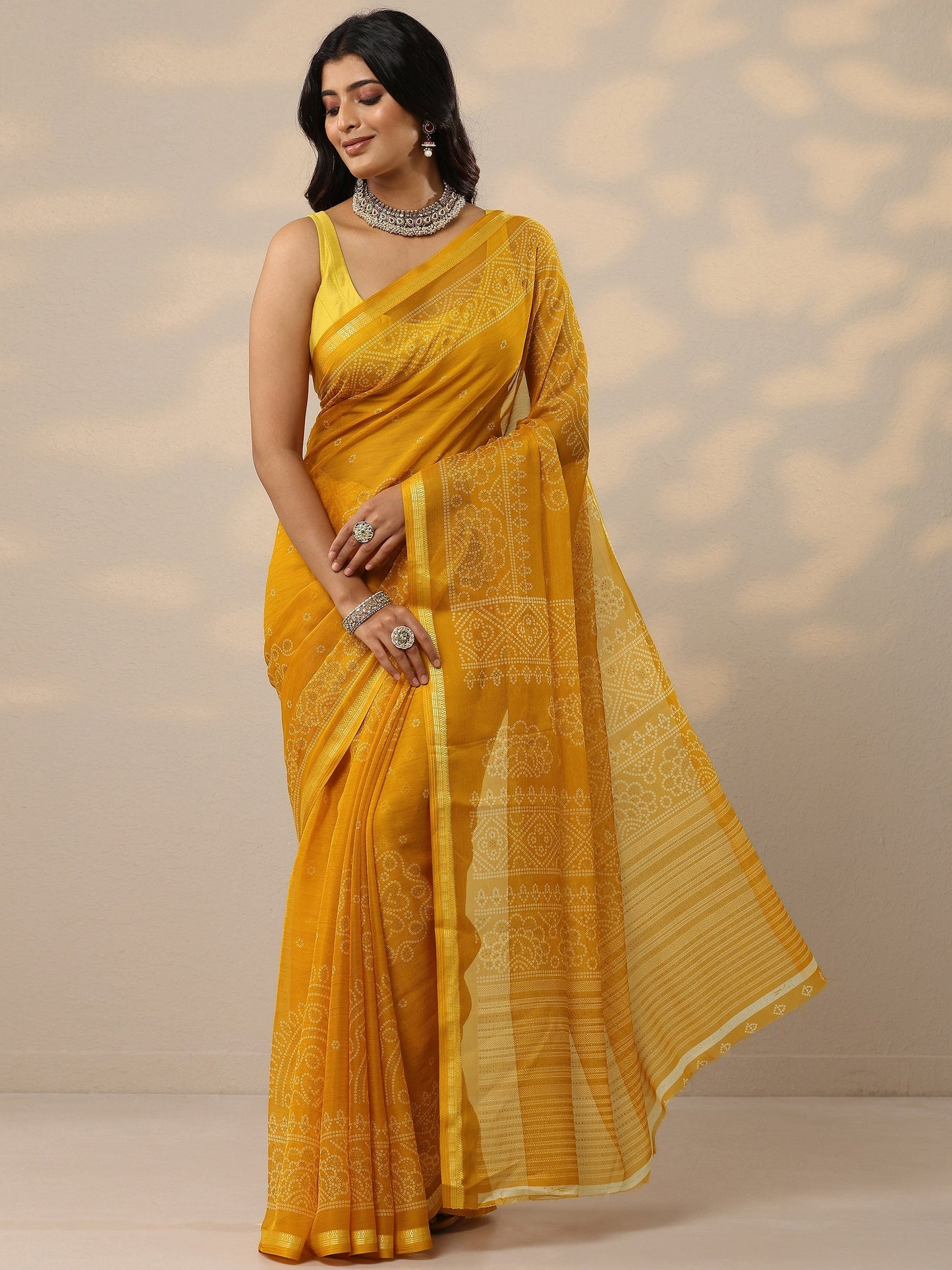 Yellow Bandhani Printed Chiffon Sarees With Unstitched Blouse Piece