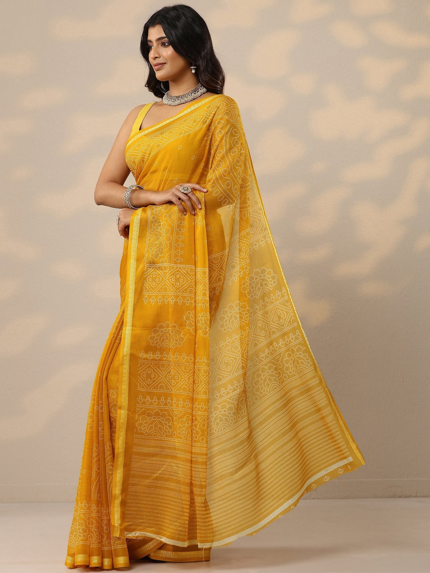Yellow Bandhani Printed Chiffon Sarees With Unstitched Blouse Piece