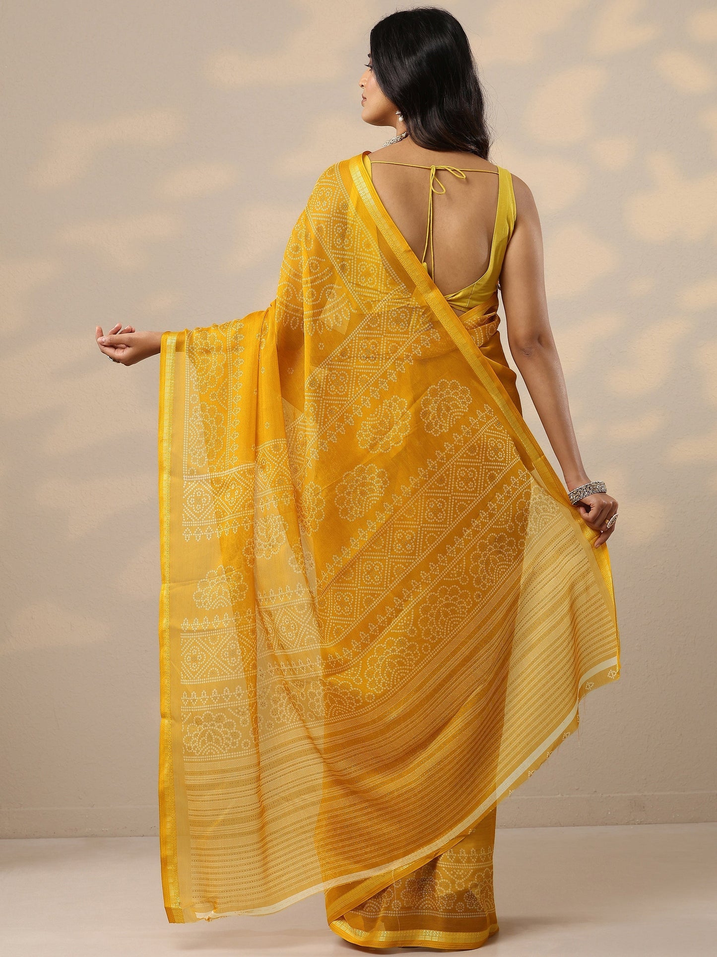 Yellow Bandhani Printed Chiffon Sarees With Unstitched Blouse Piece