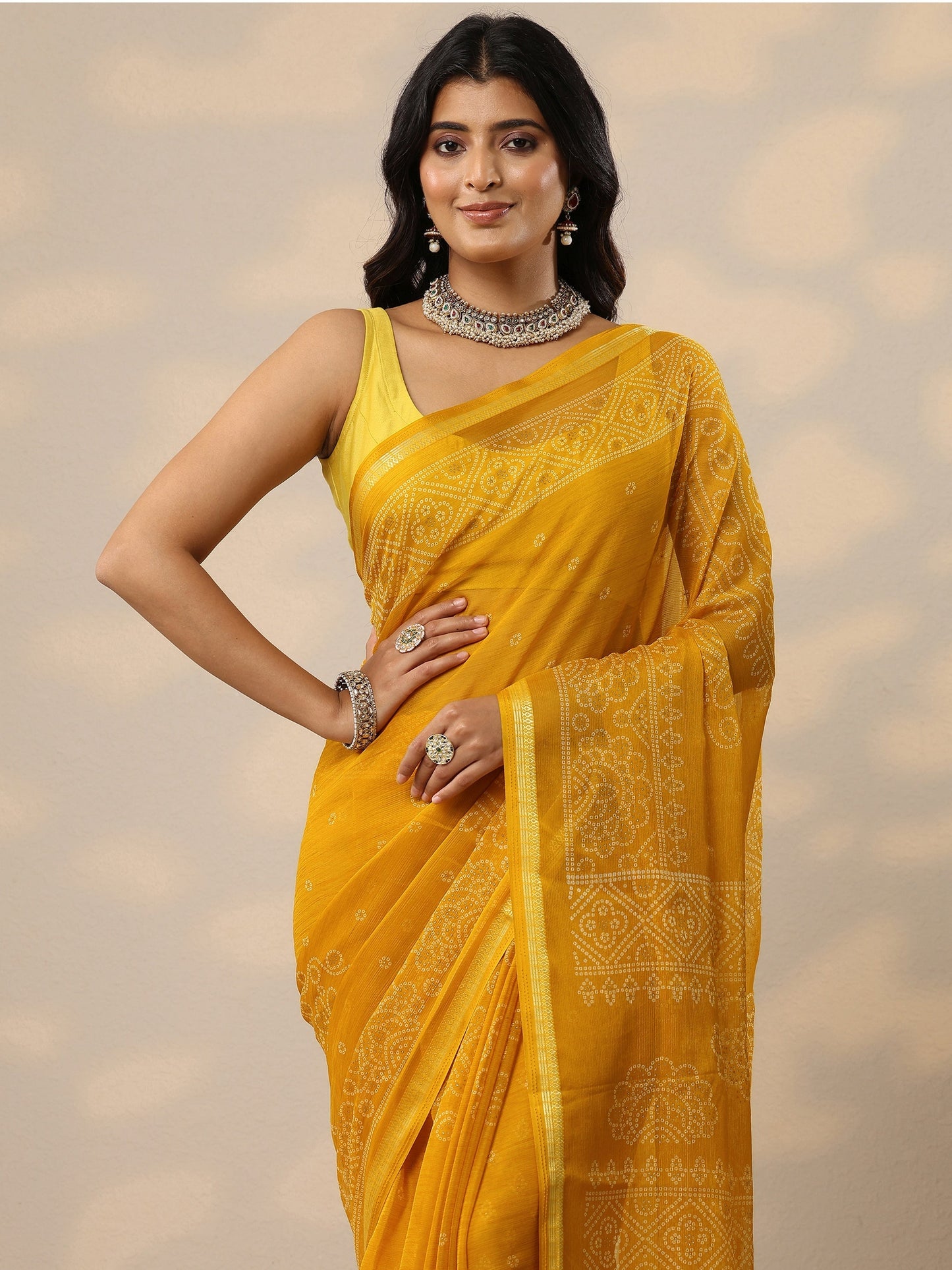 Yellow Bandhani Printed Chiffon Sarees With Unstitched Blouse Piece