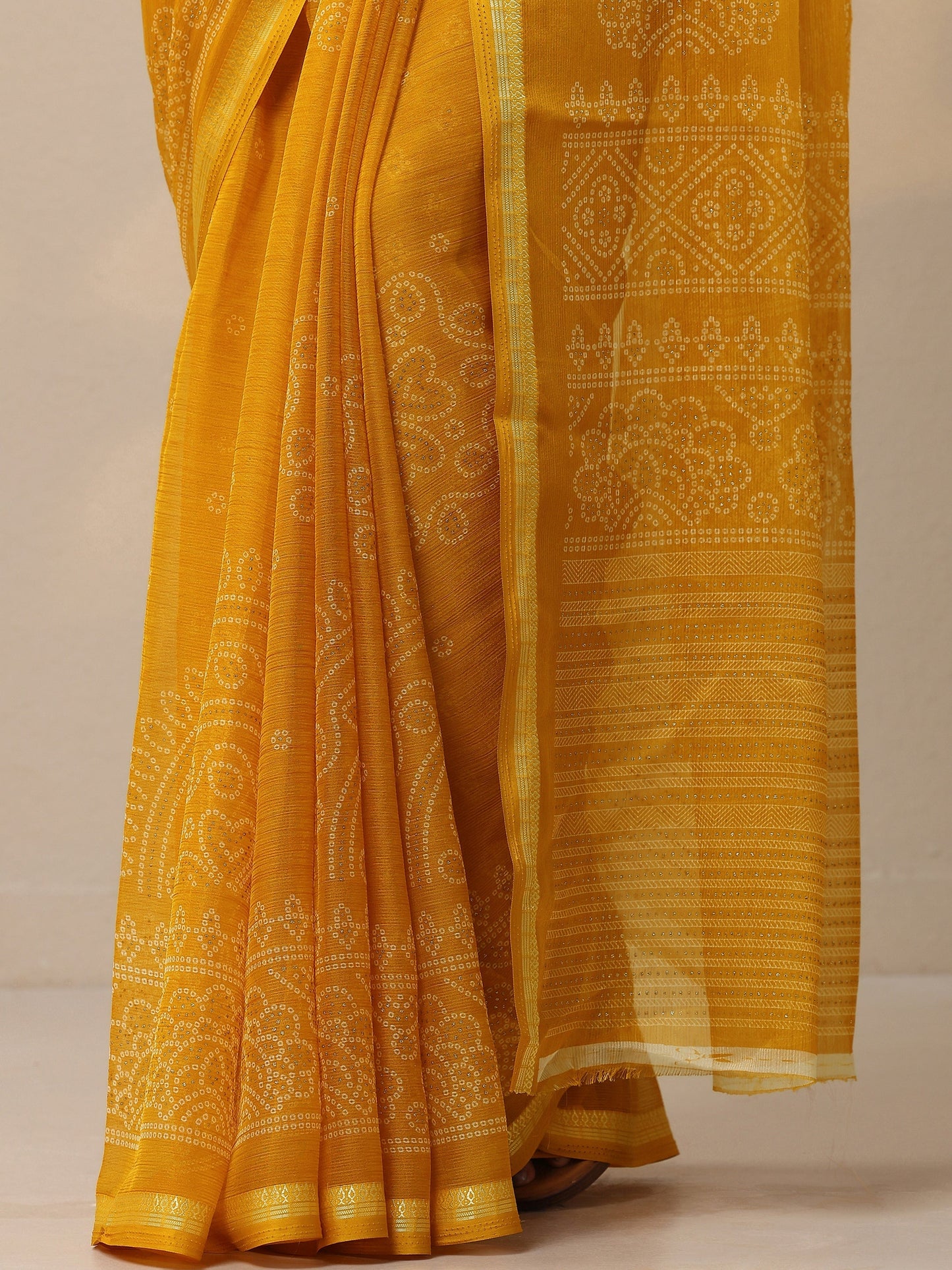 Yellow Bandhani Printed Chiffon Sarees With Unstitched Blouse Piece