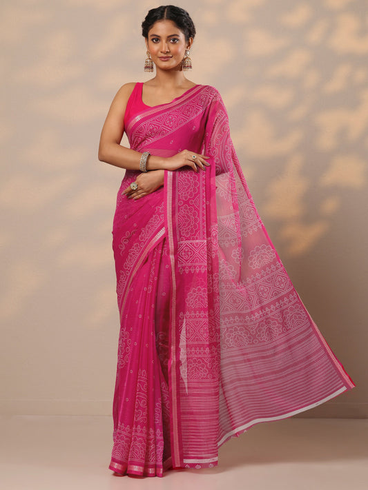 Pink Bandhani Printed Chiffon Saree With Unstitched Blouse Piece